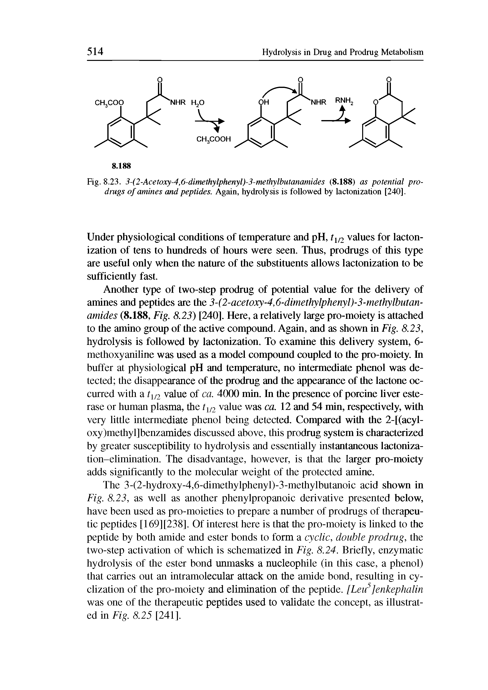 Fig. 8.23. 3-(2-Acetoxy-4,6-dimethylphenyl)-3-methylbutanamides (8.188) as potential prodrugs of amines and peptides. Again, hydrolysis is followed by lactonization [240].