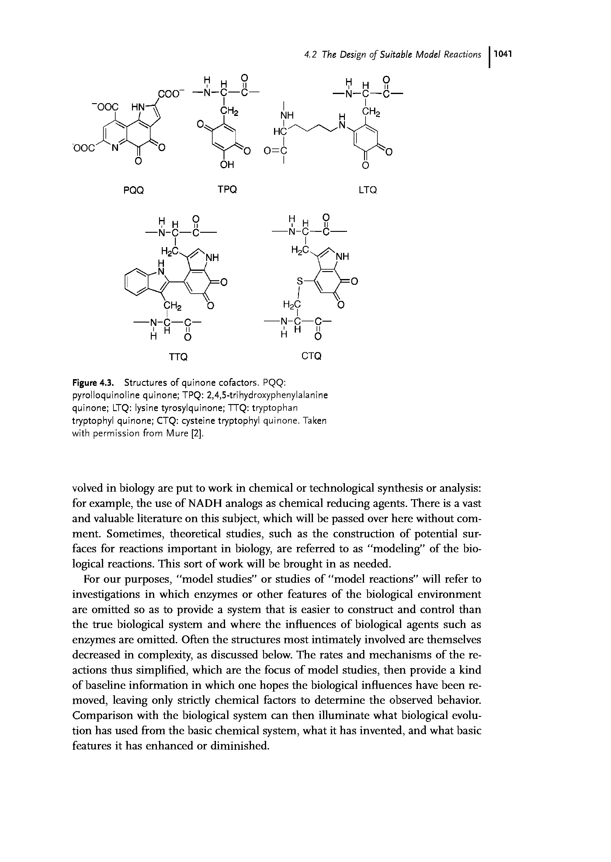 Figure 4.3. Structures of quinone cofactors. PQQ pyrolloquinoline quinone TPQ 2,4,5-trihydroxyphenylalanine quinone LTQ lysine tyrosylquinone TTQ tryptophan tryptophyl quinone CTQ cysteine tryptophyl quinone. Taken with permission from Mure [2].