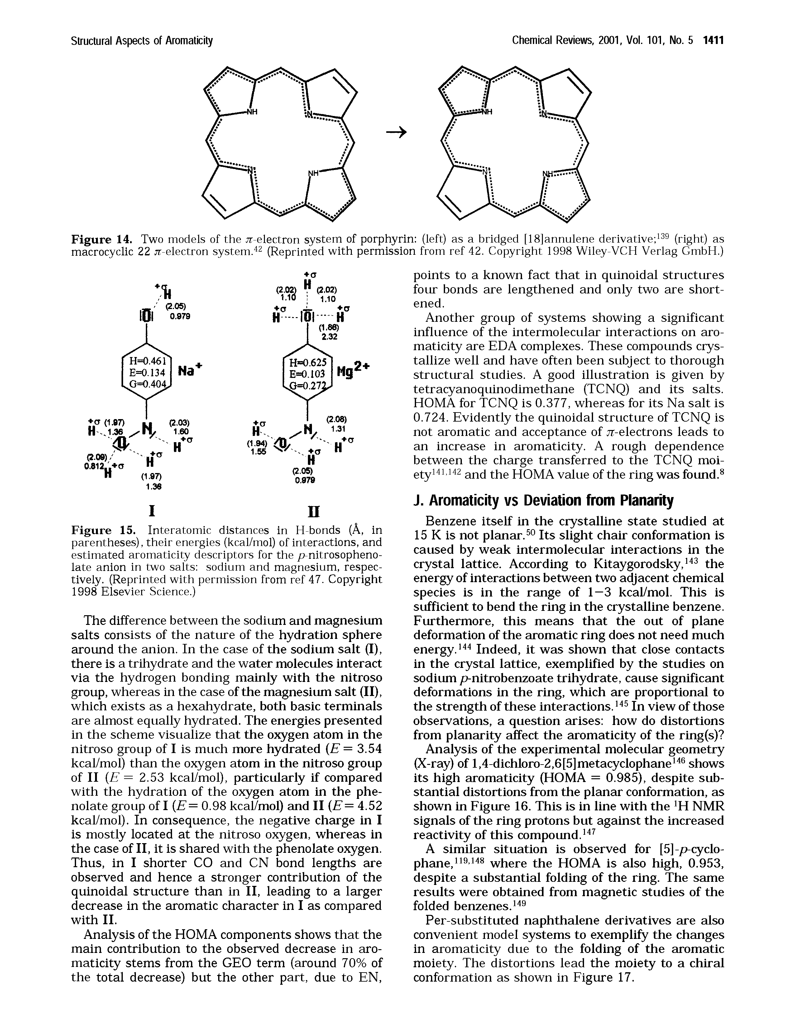 Figure 15. Interatomic distances in H-bonds (A, in parentheses), their energies (kcal/mol) of interactions, and estimated aromaticity descriptors for the /j-nitrosopheno-iate anion in two salts sodium and magnesium, respec-tiveiy. (Reprinted with permission from ref 47. Copyright 1998 Elsevier Science.)...