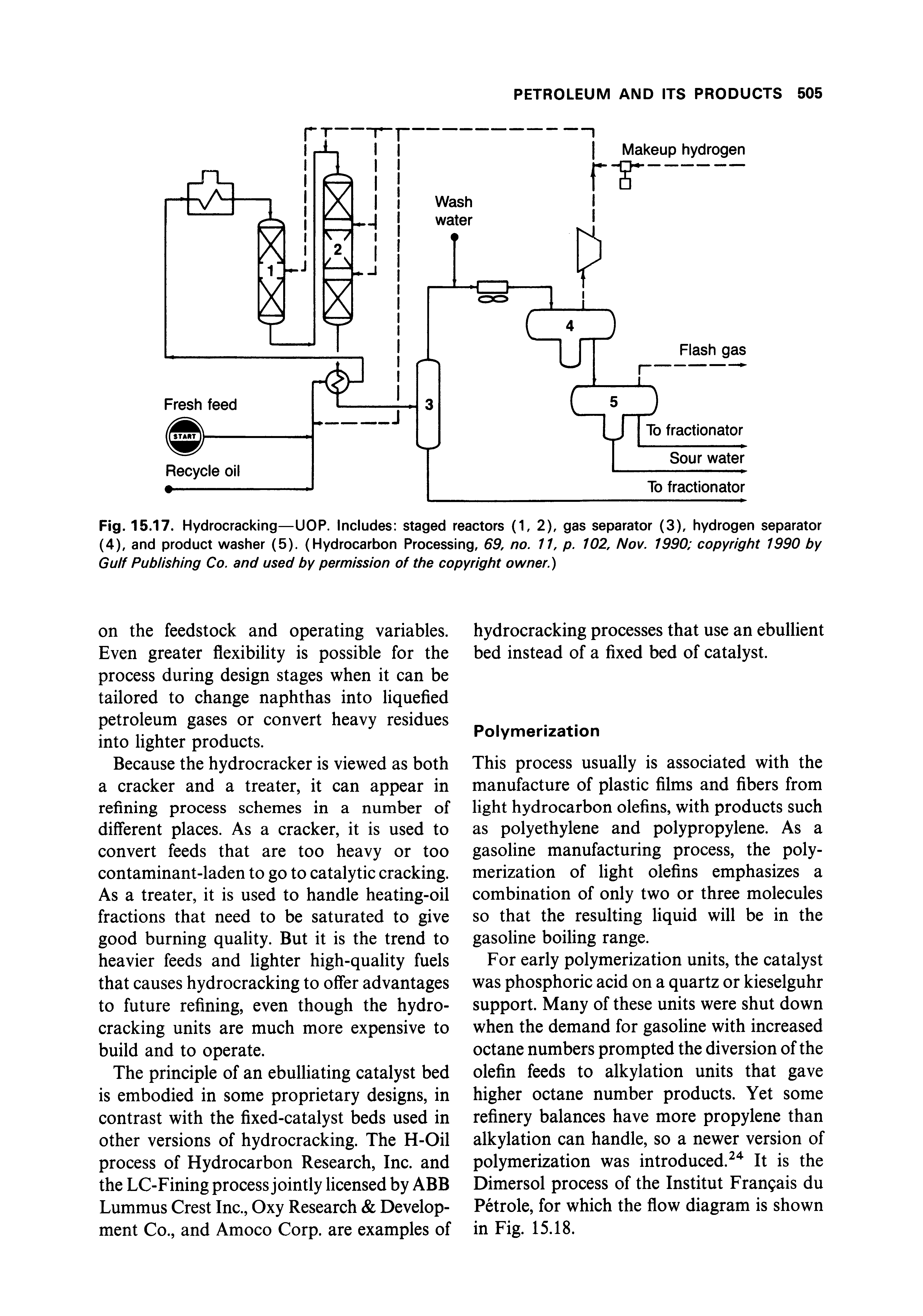 Fig. 15.17. Hydrocracking—UOP. Includes staged reactors (1, 2), gas separator (3), hydrogen separator (4), and product washer (5). (Hydrocarbon Processing, 69, no. 11, p. 102, Nov. 1990 copyright 1990 by Gulf Publishing Co. and used by permission of the copyright owner.)...
