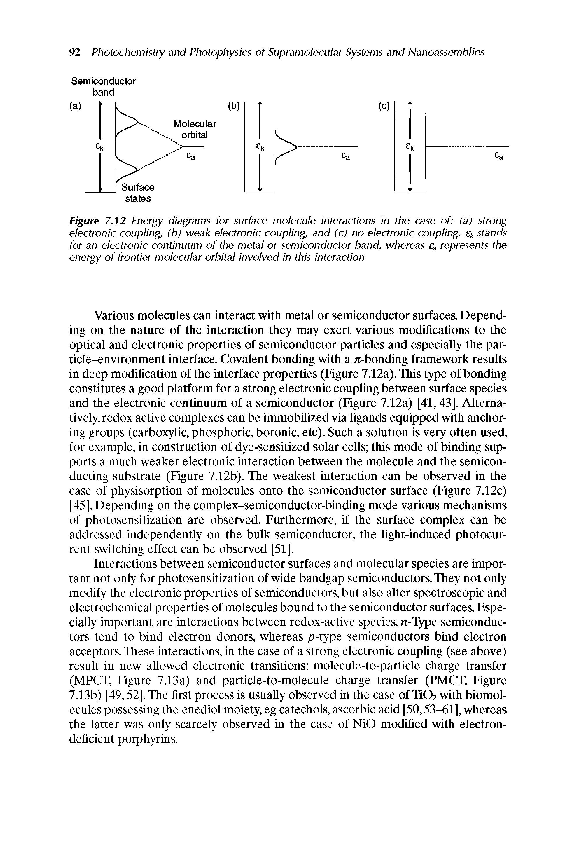 Figure 7.12 Energy diagrams for surface-molecule interactions in the case of (a) strong electronic coupling, (b) weak electronic coupling, and (c) no electronic coupling. ek stands for an electronic continuum of the metal or semiconductor band, whereas , represents the energy of frontier molecular orbital involved in this interaction...