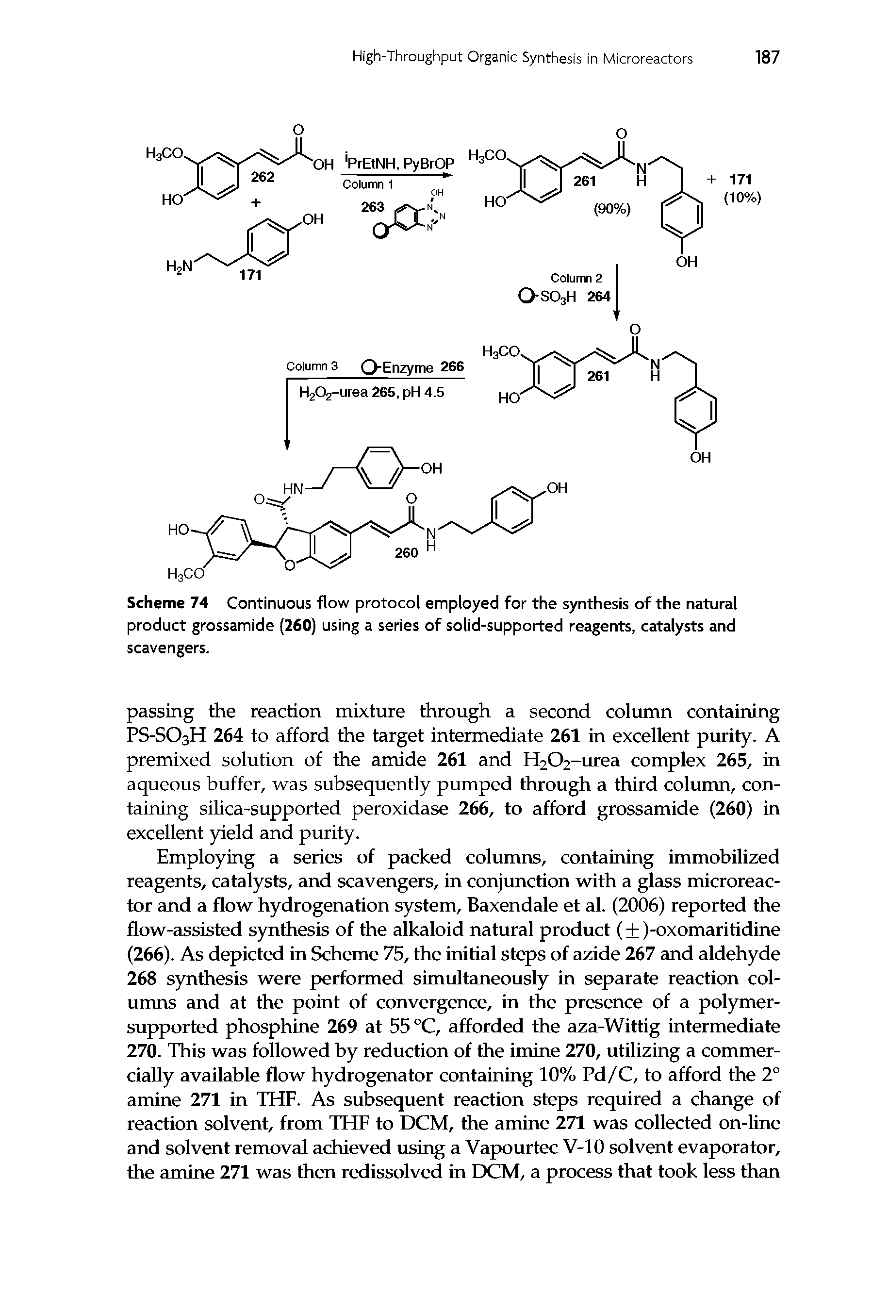 Scheme 74 Continuous flow protocol employed for the synthesis of the natural product grossamide (260) using a series of solid-supported reagents, catalysts and scavengers.