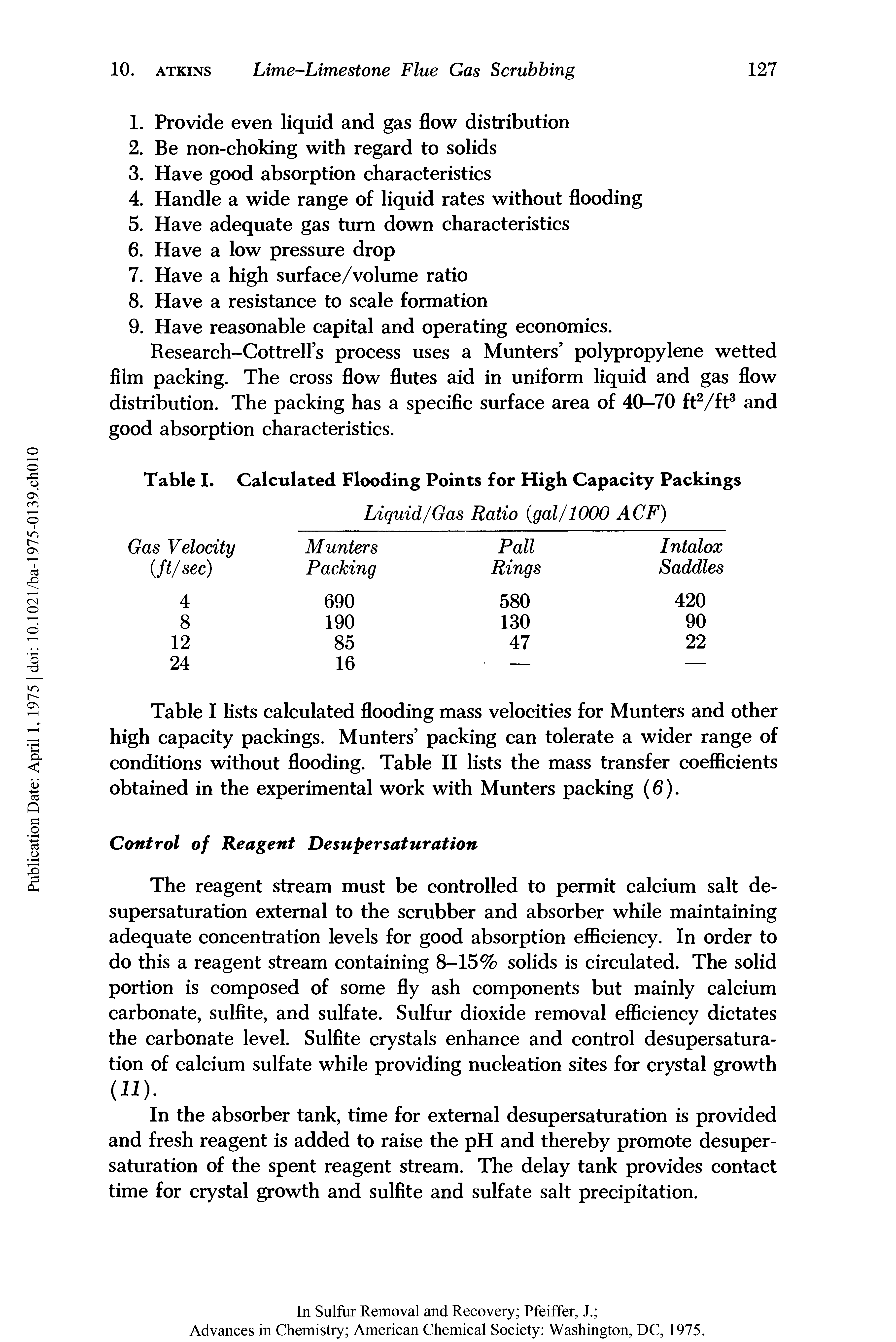 Table I lists calculated flooding mass velocities for Munters and other high capacity packings. Munters packing can tolerate a wider range of conditions without flooding. Table II lists the mass transfer coefficients obtained in the experimental work with Munters packing (6).