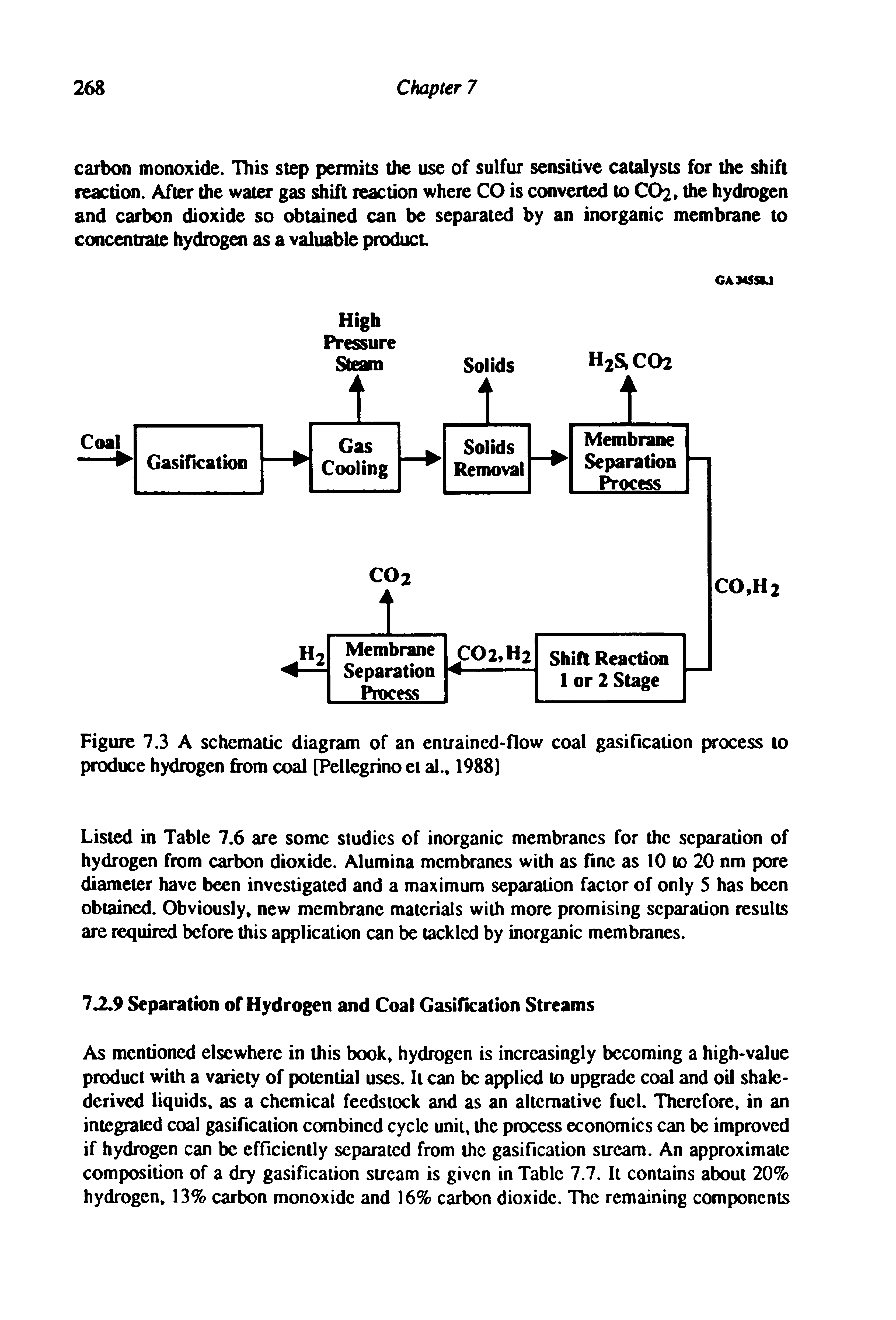 Figure 7.3 A schematic diagram of an entraincd>flow coal gasification process to produce hydrogen from coal [Pellegrino el al., 1988]...