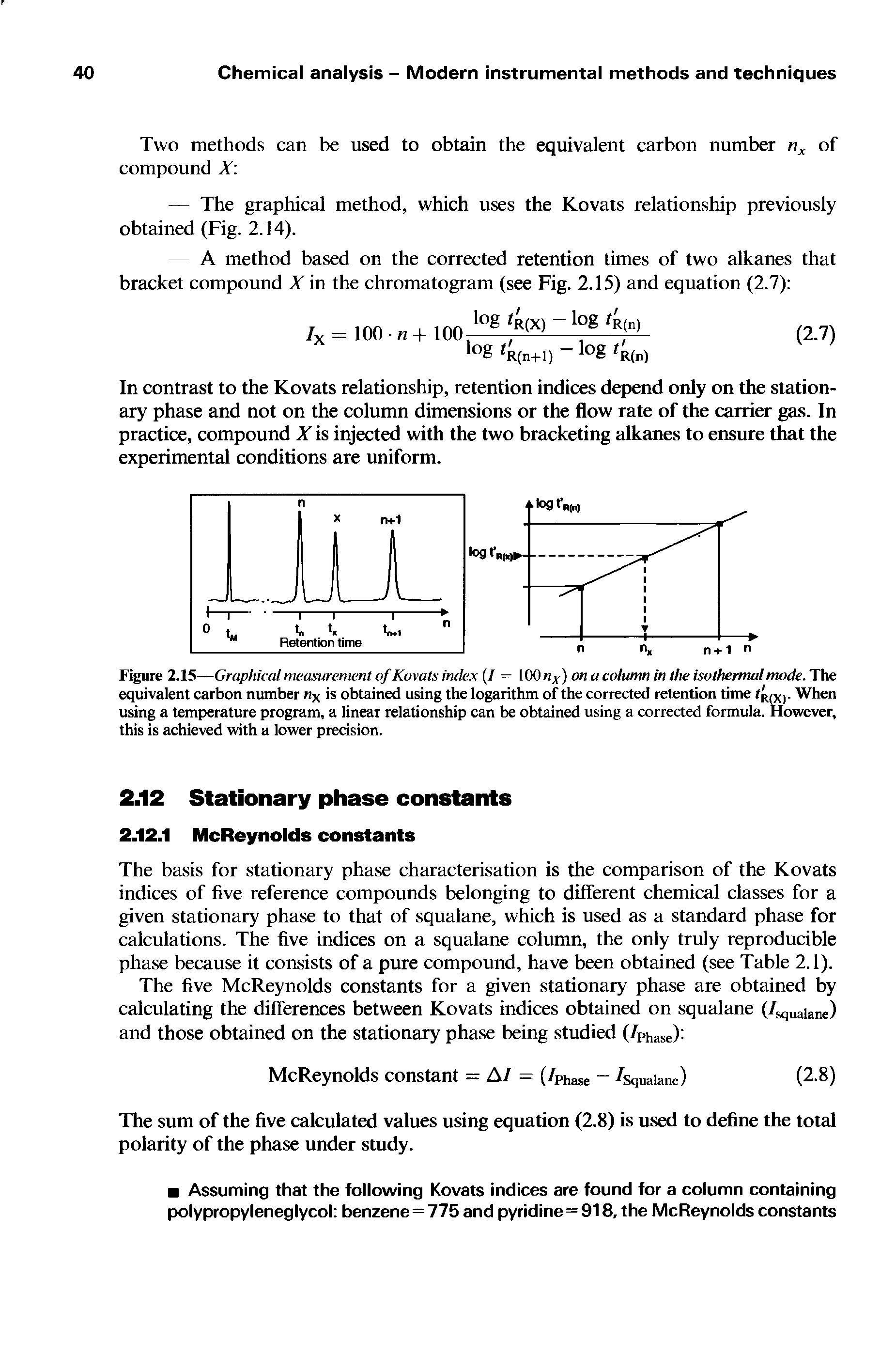 Figure 2.15—Graphical measurement of Kovats index (/ = lOO/jj) on a column in the isothermal mode.The equivalent carbon number nx is obtained using the logarithm of the corrected retention time tLX). When using a temperature program, a linear relationship can be obtained using a corrected formula. However, this is achieved with a lower precision.