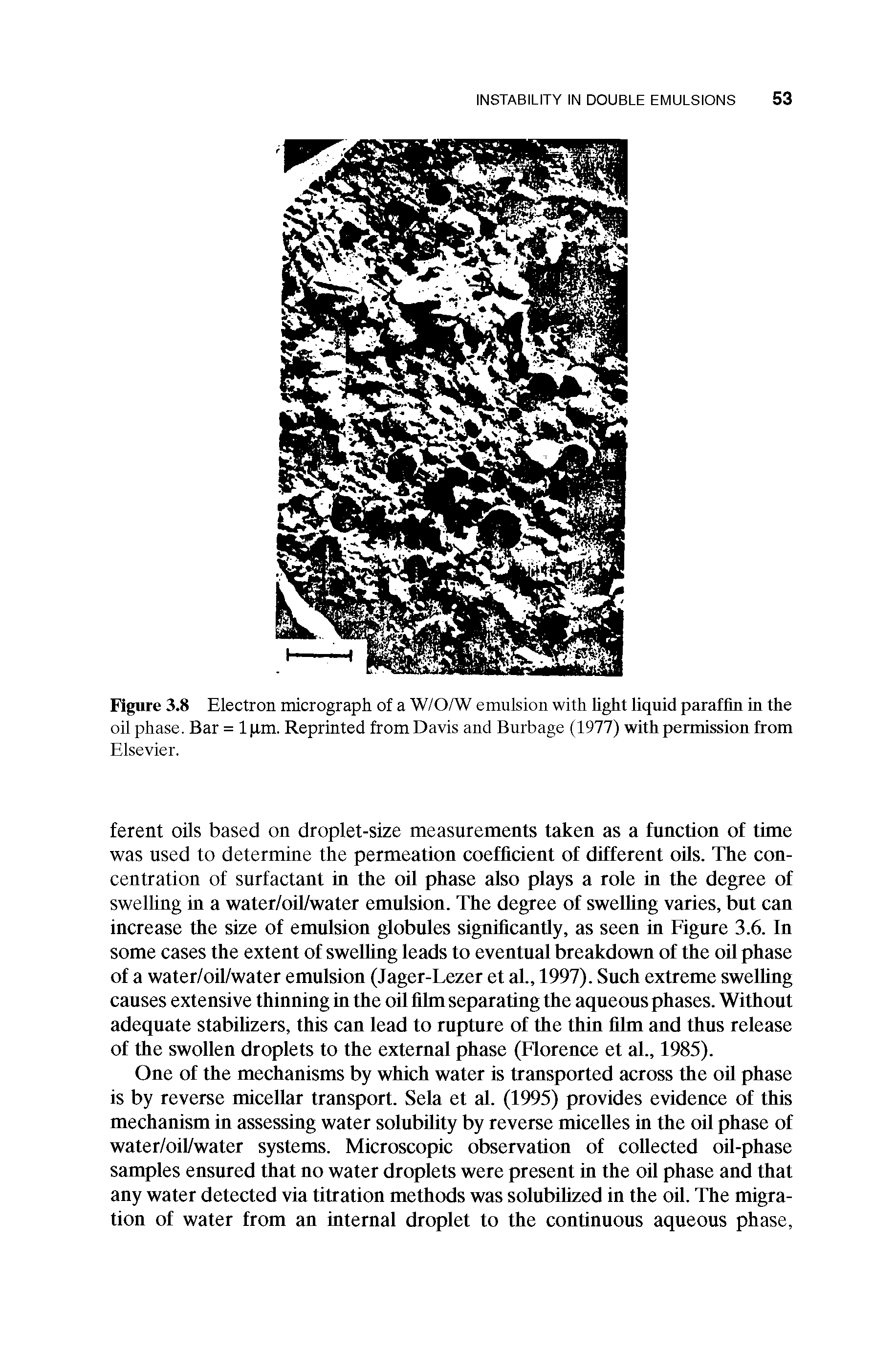 Figure 3.8 Electron micrograph of a W/OAV emulsion with light liquid paraffin in the oil phase. Bar = 1 xm. Reprinted from Davis and Burbage (1977) with permission from...