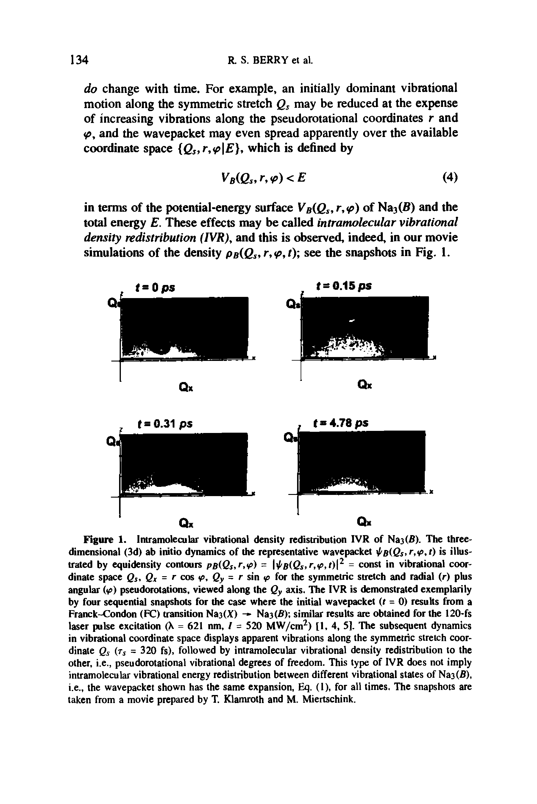 Figure 1. Intramolecular vibrational density redistribution IVR of Na3<B). The three-dimensional (3d) ab initio dynamics of the representative wavepacket B(QS, r,<p, t) is illustrated by equidensity contours pB(QSyr,ip) = B(QS, r,ip, t) 2 = const in vibrational coordinate space Qs, Qx = r cos <p, Qy = r sin ip for the symmetric stretch and radial (r) plus angular (<p) pseudorotations, viewed along the Qy axis. The IVR is demonstrated exemplarily by four sequential snapshots for the case where the initial wavepacket (r = 0) results from a Franck-Condon (FC) transition Na3(X) - Naj( ) similar results are obtained for the 120-fs laser pulse excitation (X = 621 nm, / = 520 MW/cm2) [1,4, 5]. The subsequent dynamics in vibrational coordinate space displays apparent vibrations along the symmetric stretch coordinate Qs (Tj = 320 fs), followed by intramolecular vibrational density redistribution to the other, i.e., pseudorotational vibrational degrees of freedom. This type of IVR does not imply intramolecular vibrational energy redistribution between different vibrational states of Na3(B), i.e., the wavepacket shown has the same expansion, Eq. (1), for all times. The snapshots are taken from a movie prepared by T. Klamroth and M. Miertschink.