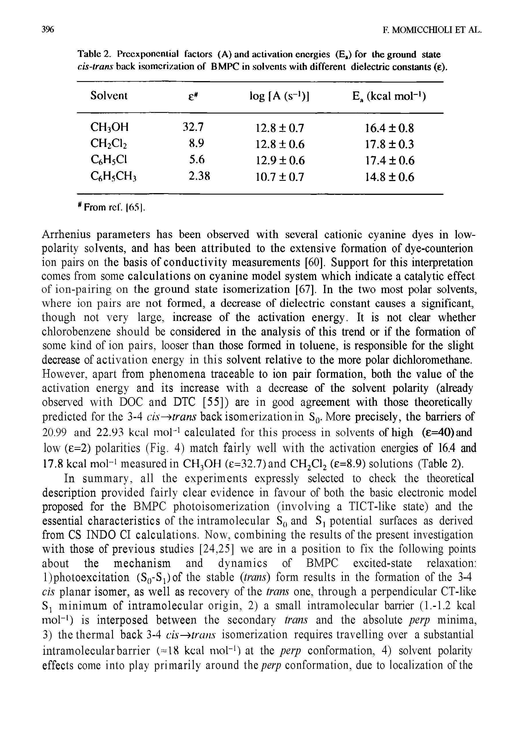 Table 2. Prccxponcnlial factors (A) and activation energies (E,) for the ground state cis-trans back isomerization of BMPC in solvents with different dielectric constants (e).