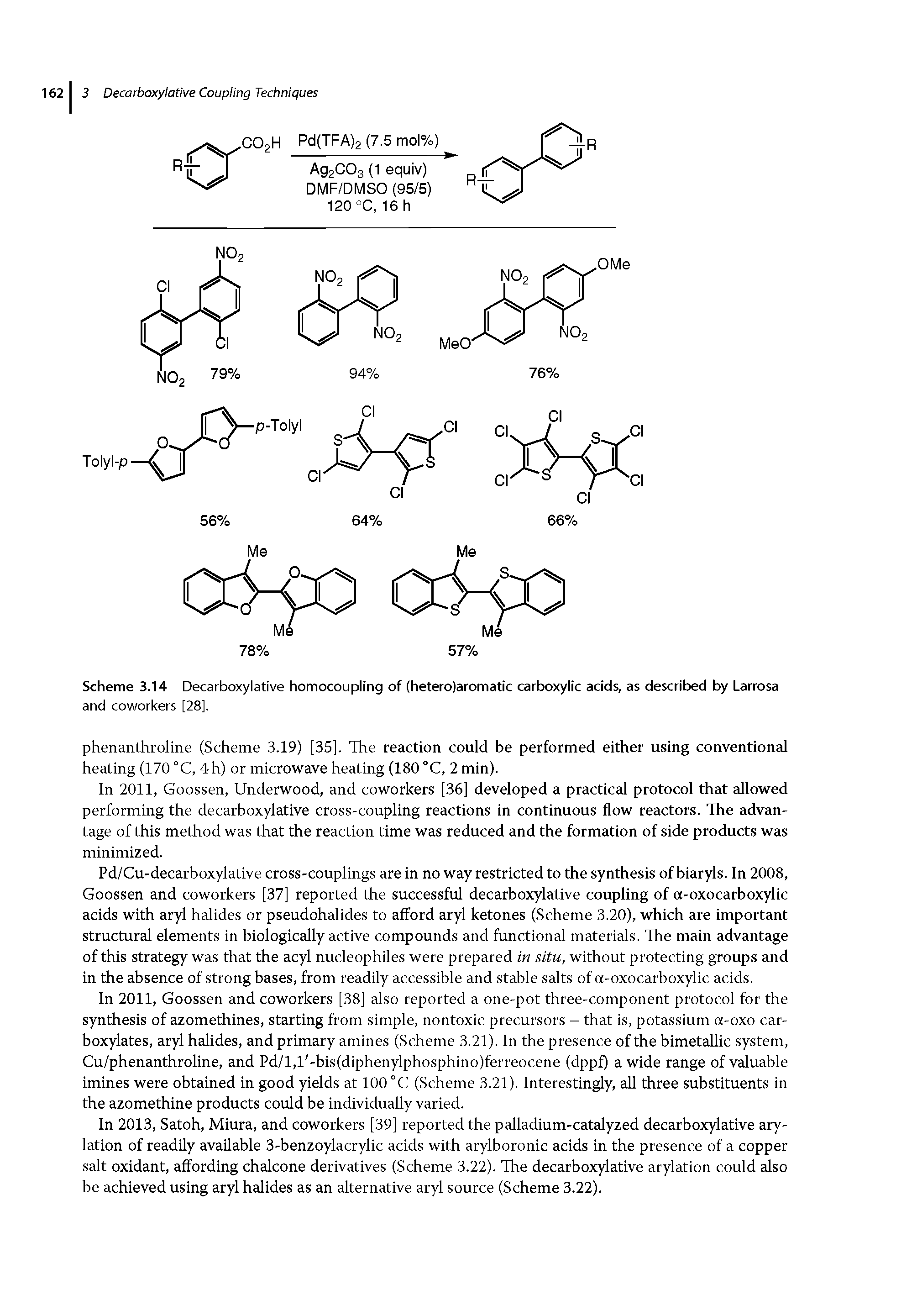Scheme 3.14 Decarboxylative homocoupling of (hetero)aromatic carboxylic acids, as described by Larrosa...
