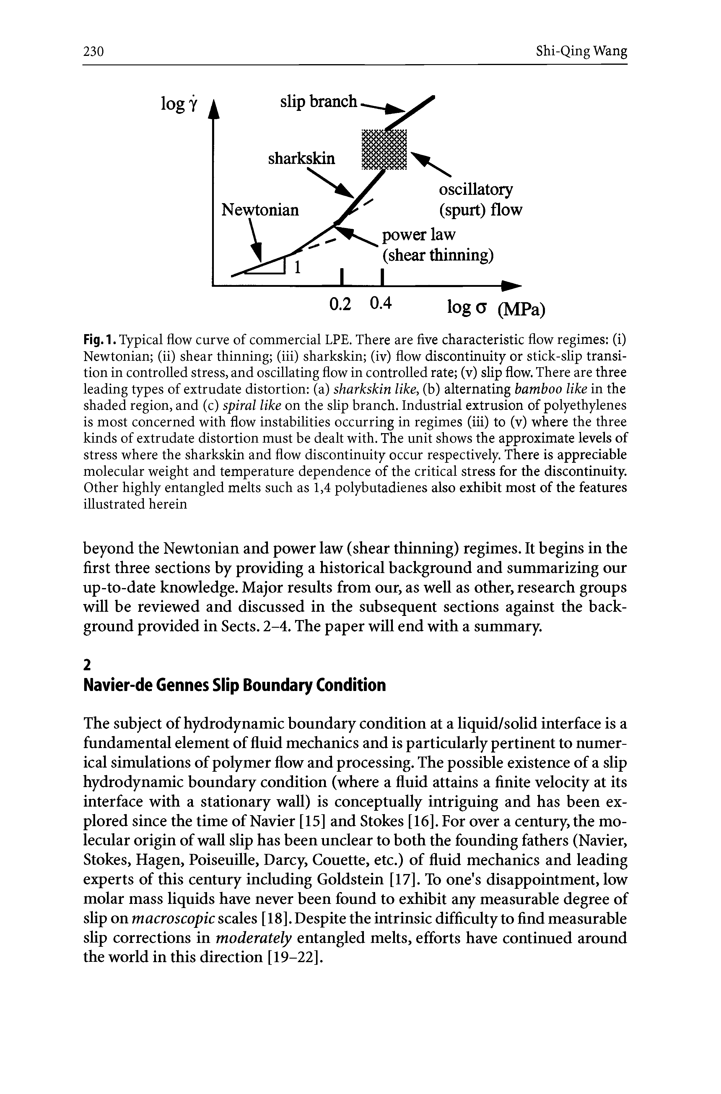 Fig. 1. Typical flow curve of commercial LPE. There are five characteristic flow regimes (i) Newtonian (ii) shear thinning (iii) sharkskin (iv) flow discontinuity or stick-slip transition in controlled stress, and oscillating flow in controlled rate (v) slip flow. There are three leading types of extrudate distortion (a) sharkskin like, (b) alternating bamboo like in the shaded region, and (c) spiral like on the slip branch. Industrial extrusion of polyethylenes is most concerned with flow instabilities occurring in regimes (iii) to (v) where the three kinds of extrudate distortion must be dealt with. The unit shows the approximate levels of stress where the sharkskin and flow discontinuity occur respectively. There is appreciable molecular weight and temperature dependence of the critical stress for the discontinuity. Other highly entangled melts such as 1,4 polybutadienes also exhibit most of the features illustrated herein...