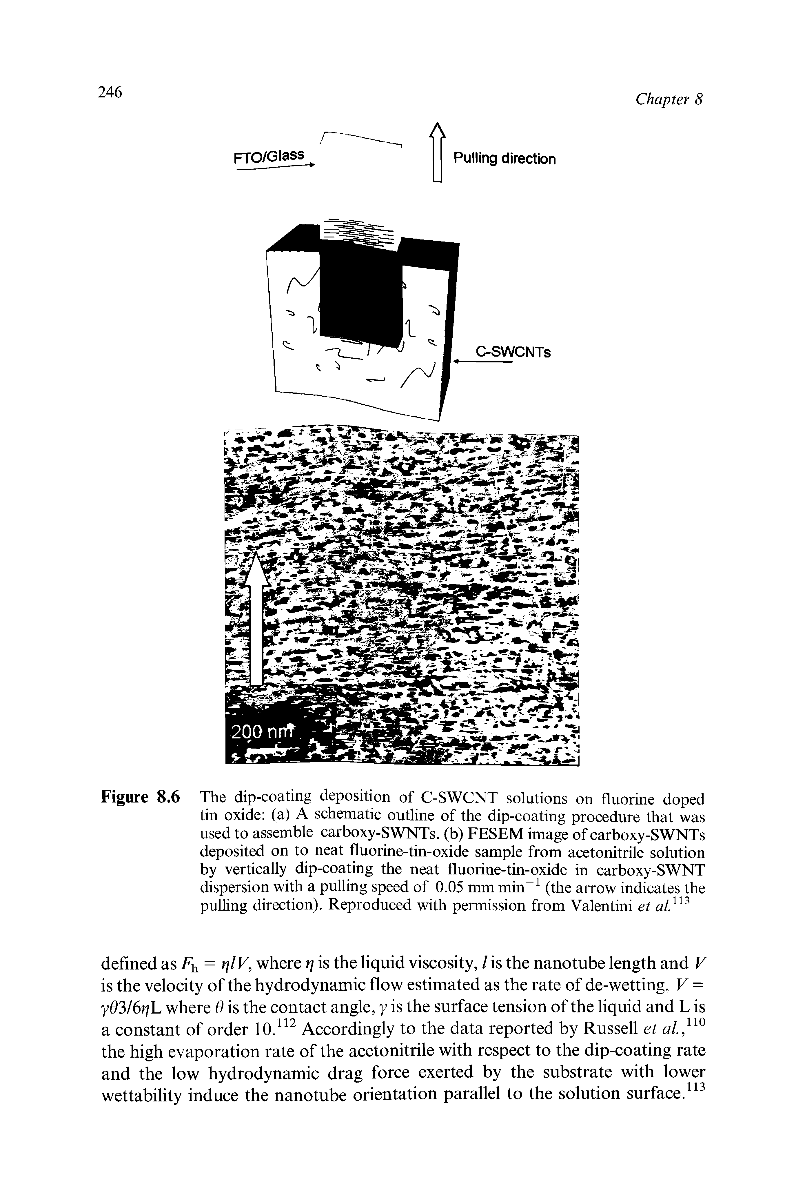 Figure 8.6 The dip-coating deposition of C-SWCNT solutions on fluorine doped tin oxide (a) A schematic outline of the dip-coating procedure that was used to assemble carboxy-SWNTs. (b) FESEM image of carboxy-SWNTs deposited on to neat fluorine-tin-oxide sample from acetonitrile solution by vertically dip-coating the neat fluorine-tin-oxide in carboxy-SWNT dispersion with a pulling speed of 0.05 mm min (the arrow indicates the pulling direction). Reproduced with permission from Valentini et al ...