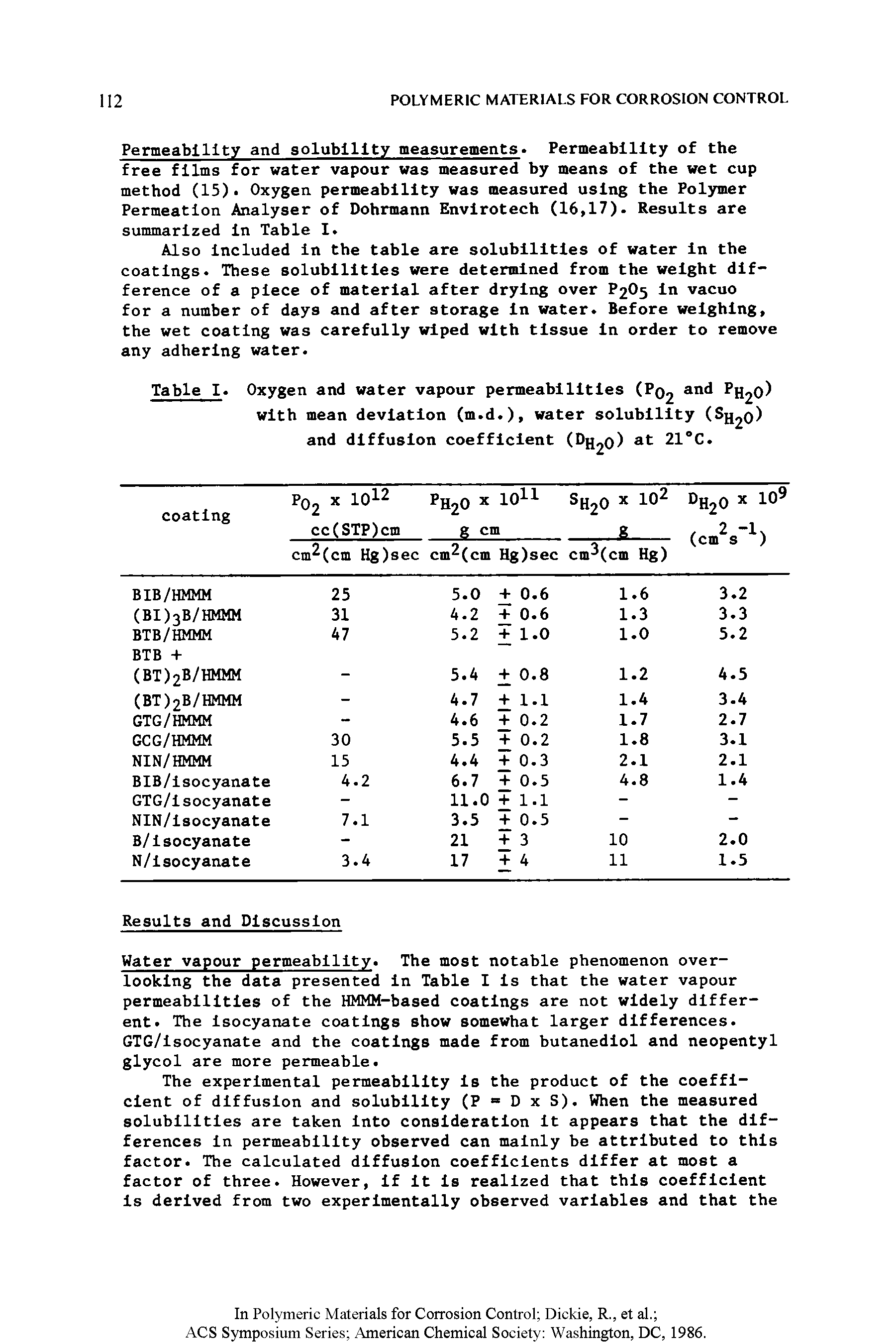 Table I. Oxygen and water vapour permeabilities (P02 PH2O) with mean deviation (m.d.), water solubility (S1J20) and diffusion coefficient (Djj o) at 21°C.