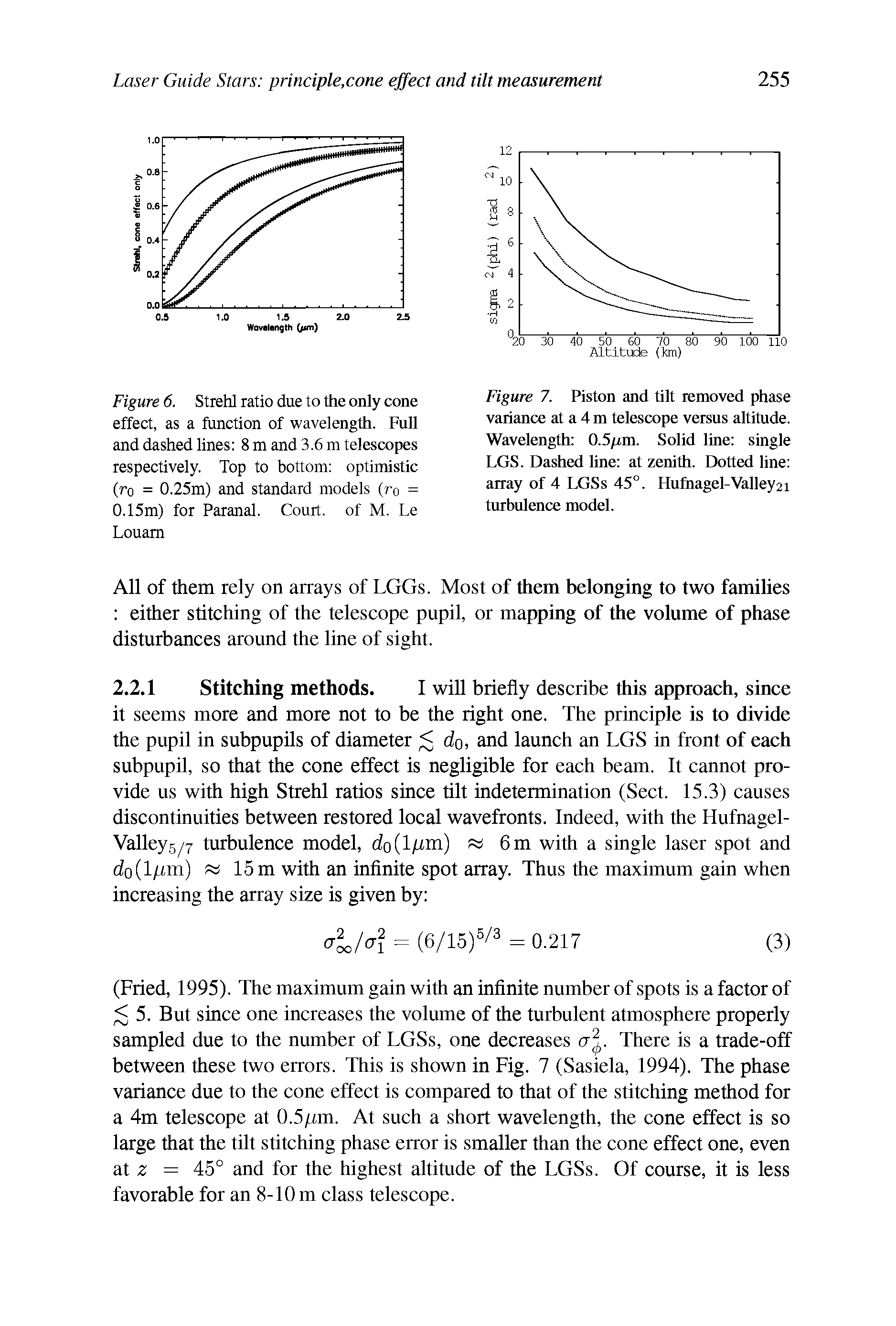 Figure 7. Piston and tilt removed phase variance at a 4 m telescope versus altitude. Wavelength O.Spm. Solid line single LGS. Dashed line at zenith. Dotted line array of 4 LGSs 45°. Hufnagel-Valley21 turbulence model.