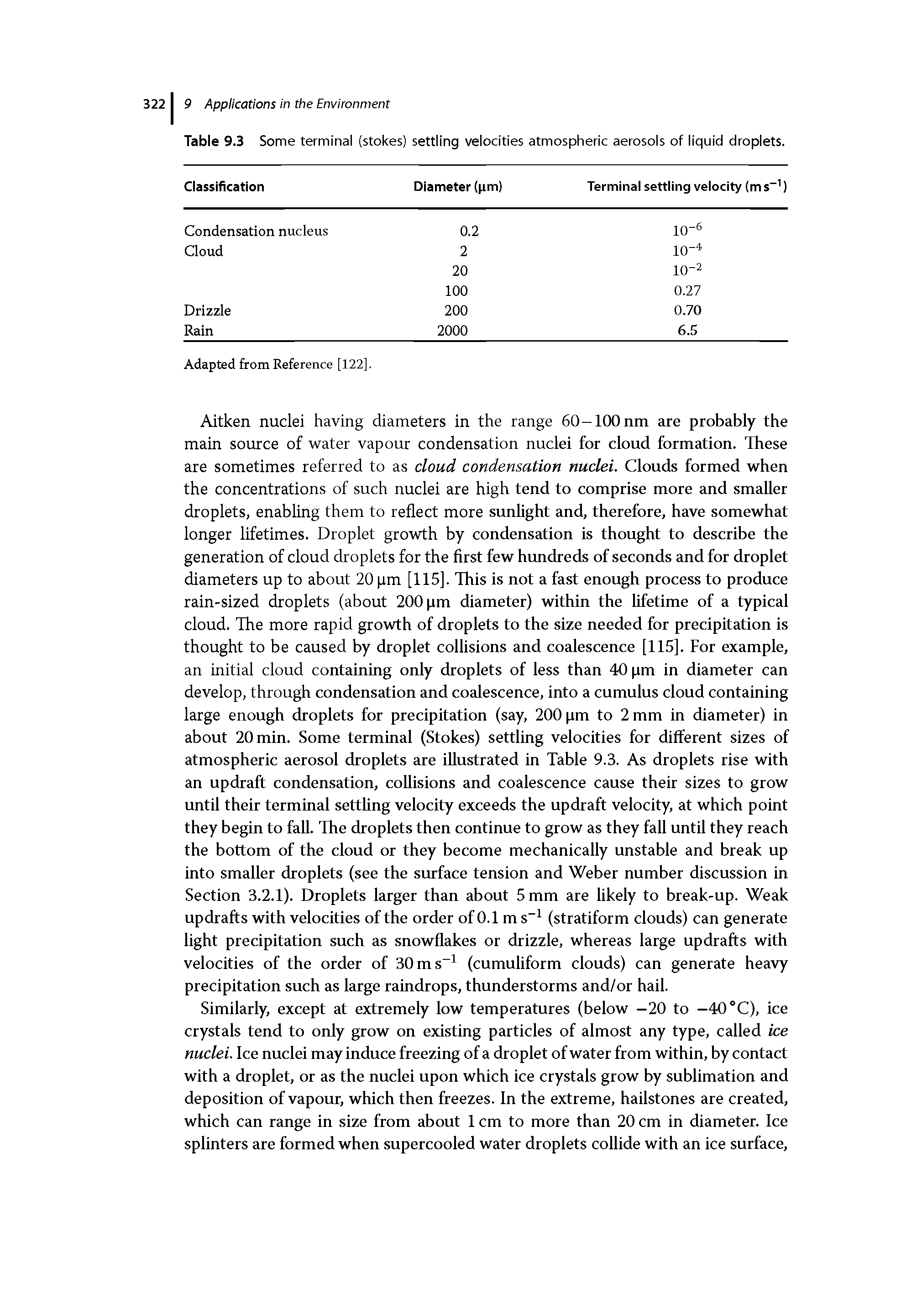 Table 9.3 Some terminal (stokes) settling velocities atmospheric aerosols of liquid droplets.