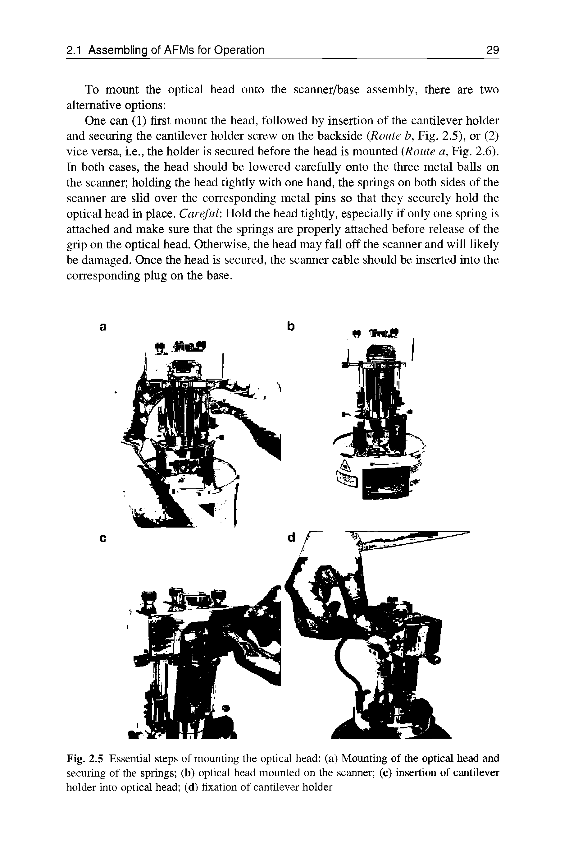 Fig. 2.5 Essential steps of mounting the optical head (a) Mounting of the optical head and securing of the springs (b) optical head mounted on the scanner (c) insertion of cantilever holder into optical head (d) fixation of cantilever holder...