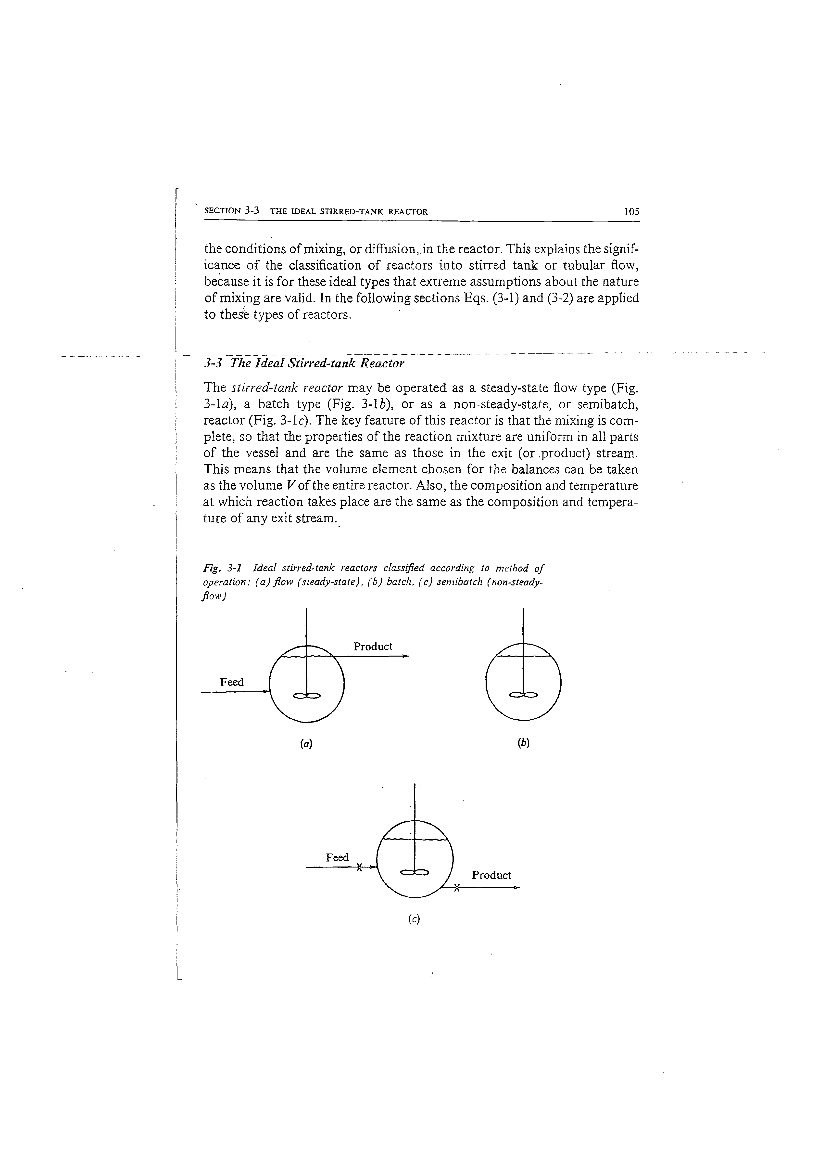 Fig. 3-1 Ideal stirred-tank reactors classified according to method of operation (a) flow (steady-state), (b) batch, (c) semibatch (non-steady-flow)...