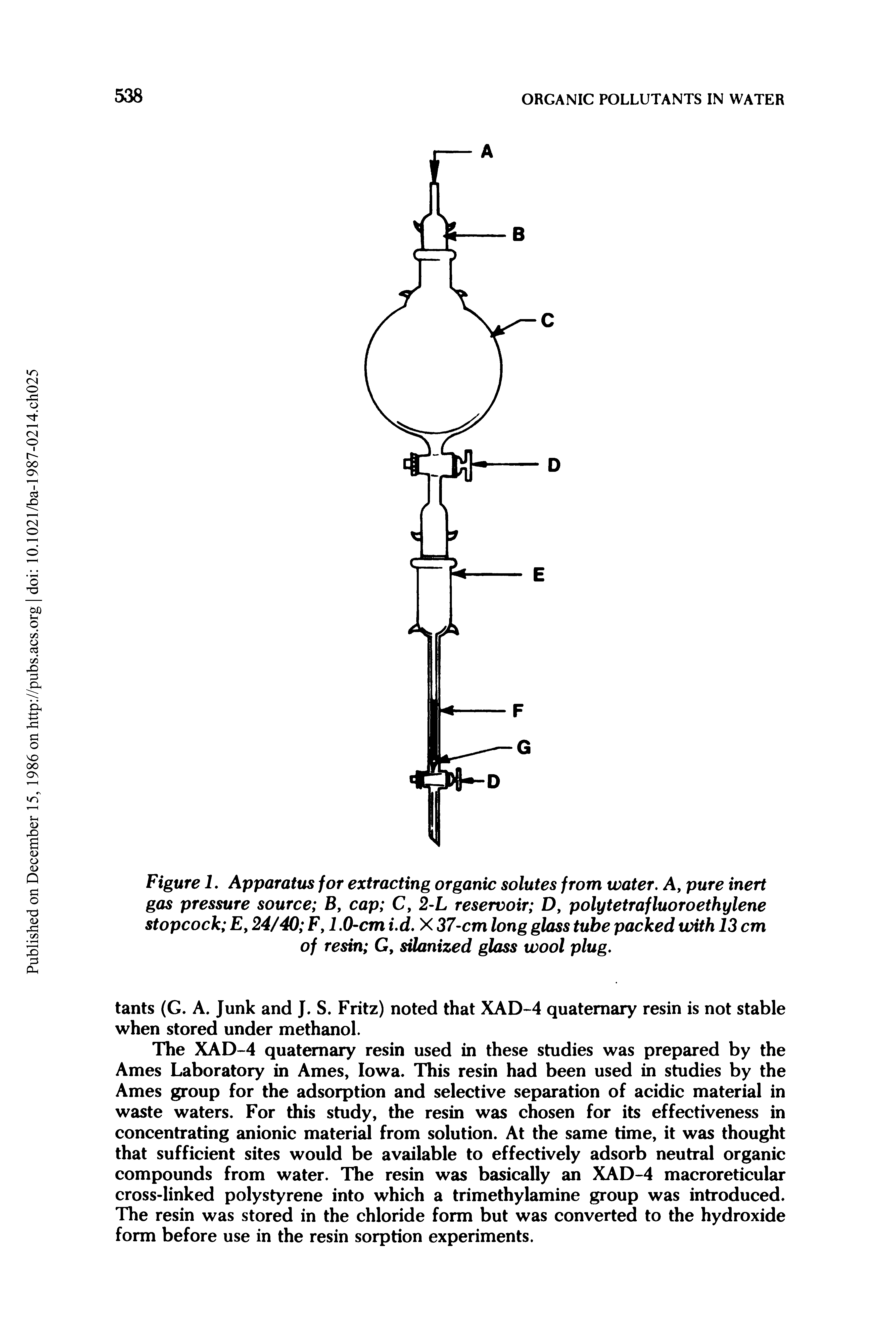 Figure L Apparatus for extracting organic solutes from water. A, pure inert gas pressure source B, cap C, 2-L reservoir D, polytetrafluoroethylene stopcock F, 24/40 F, 1.0-cm i.d. X 37-cm long glass tube packed with 13 cm of resin G, silanized glass wool plug.