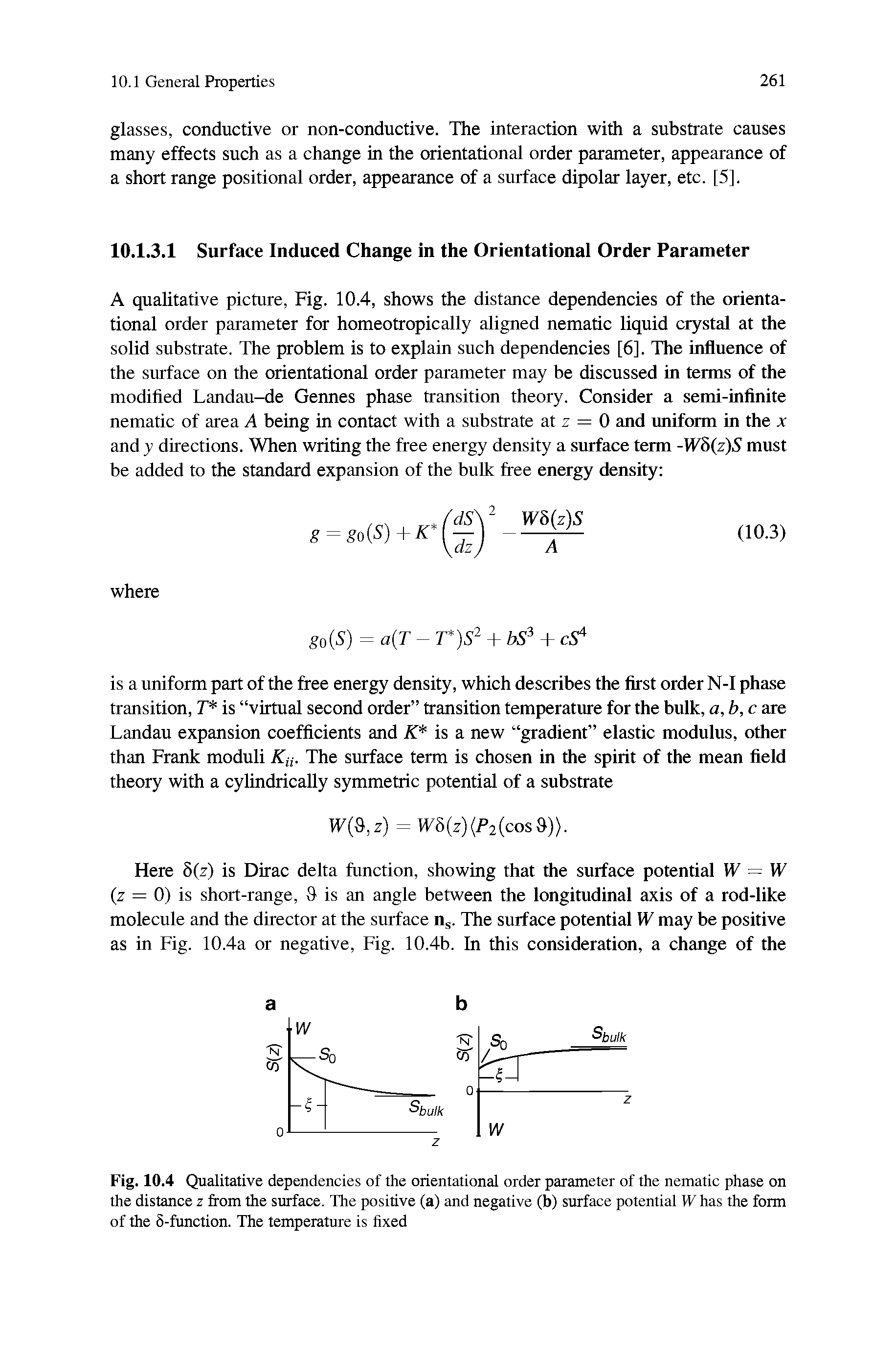 Fig. 10.4 Qualitative dependencies of the orientational order parameter of the nematic phase on the distance z from the sutface. The positive (a) and negative (b) surface potential IT has the form of the 5-function. The temperature is fixed...