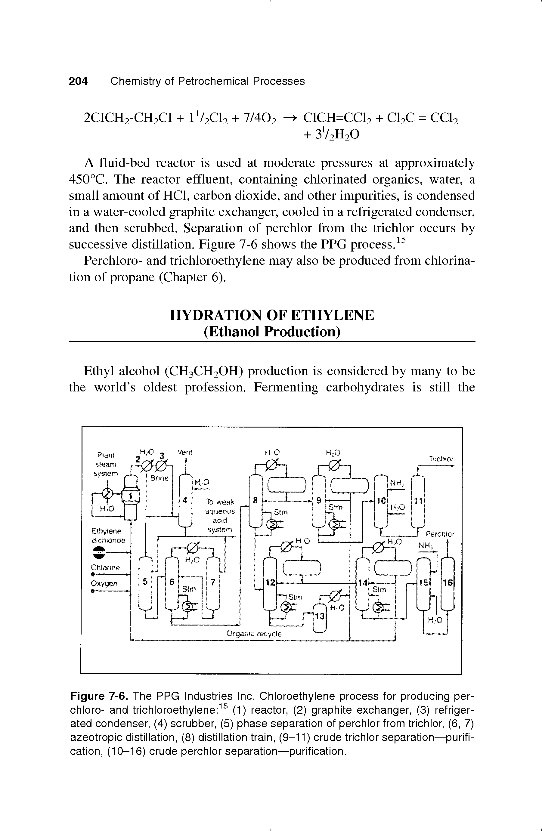 Figure 7-6. The PPG Industries Inc. Chloroethylene process for producing perchloro- and trichloroethylene (1) reactor, (2) graphite exchanger, (3) refrigerated condenser, (4) scrubber, (5) phase separation of perchlor from trichlor, (6, 7) azeotropic distillation, (8) distillation train, (9-11) crude trichlor separation—purification, (10-16) crude perchlor separation—purification.