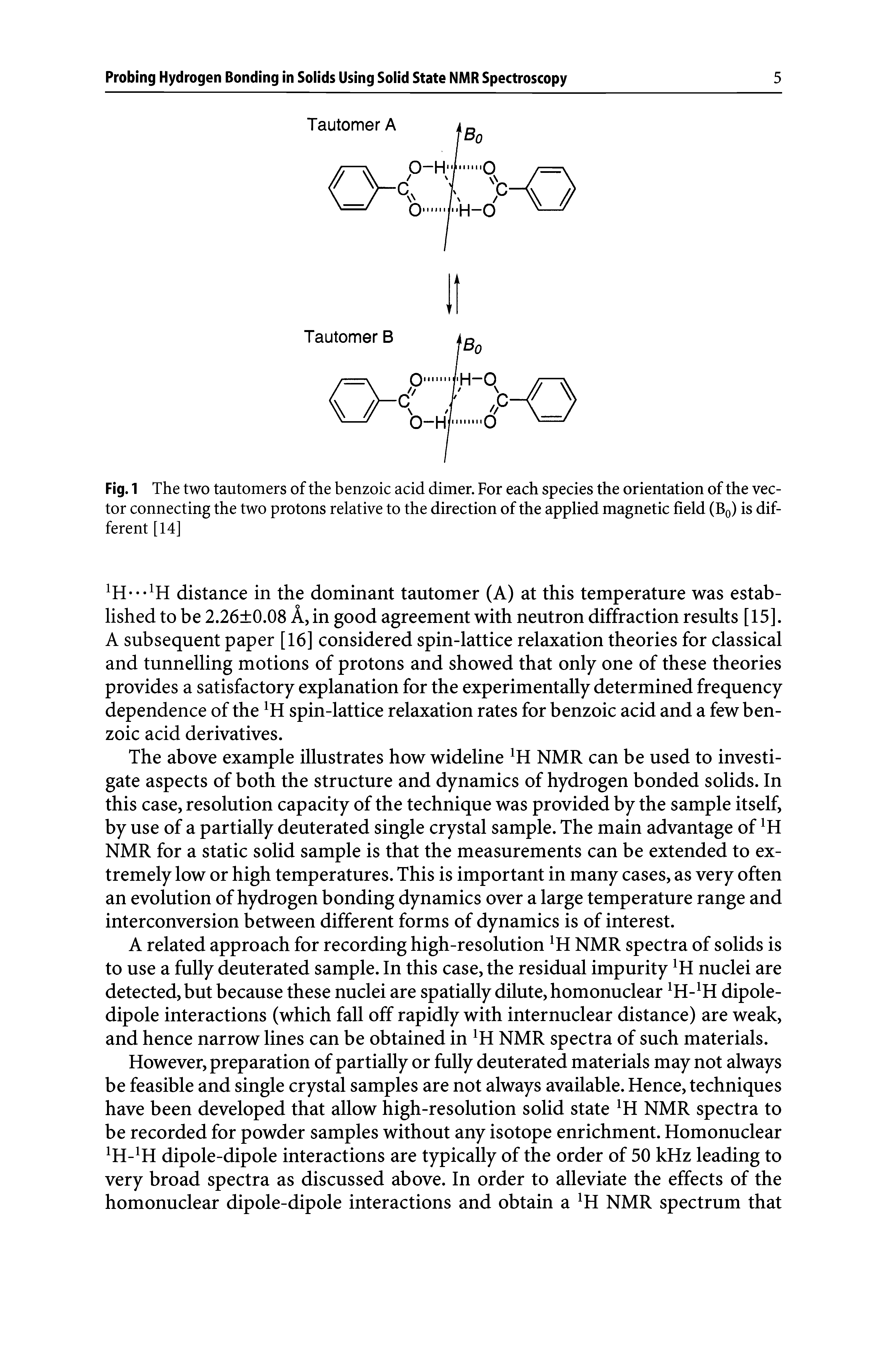 Fig. 1 The two tautomers of the benzoic acid dimer. For each species the orientation of the vector connecting the two protons relative to the direction of the applied magnetic field (B0) is different [14]...