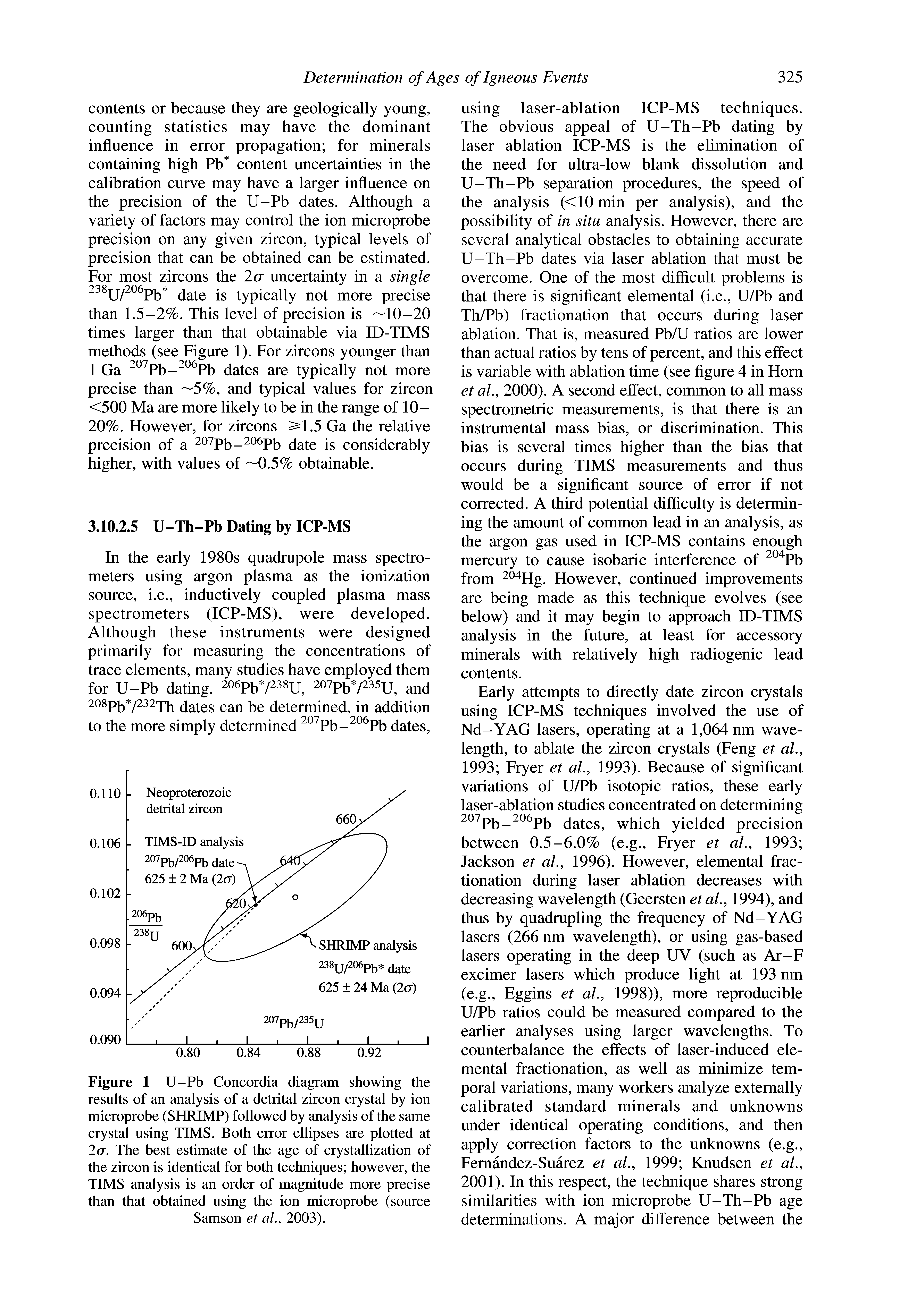 Figure 1 U-Pb Concordia diagram showing the results of an analysis of a detrital zircon crystal by ion microprobe (SHRIMP) followed by analysis of the same crystal using TIMS. Both error ellipses are plotted at 2a. The best estimate of the age of crystallization of the zircon is identical for both techniques however, the TIMS analysis is an order of magnitude more precise than that obtained using the ion microprobe (source Samson et aL, 2003).