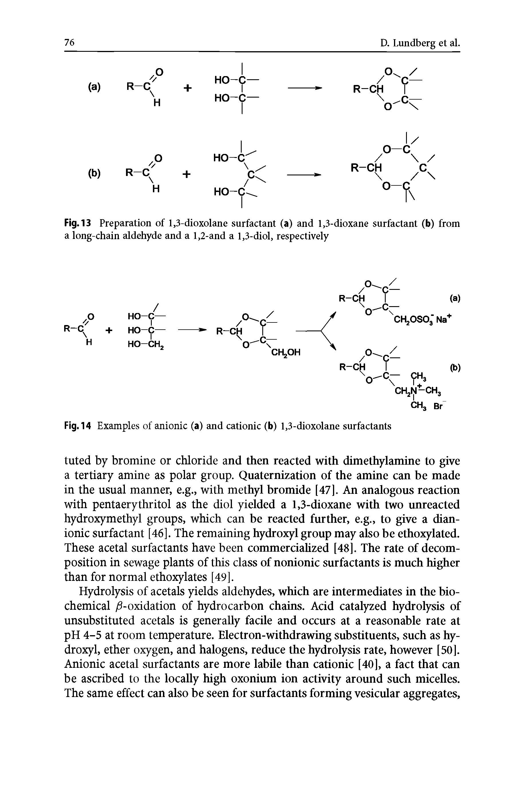 Fig.13 Preparation of 1,3-dioxolane surfactant (a) and 1,3-dioxane surfactant (b) from a long-chain aldehyde and a 1,2-and a 1,3-diol, respectively...