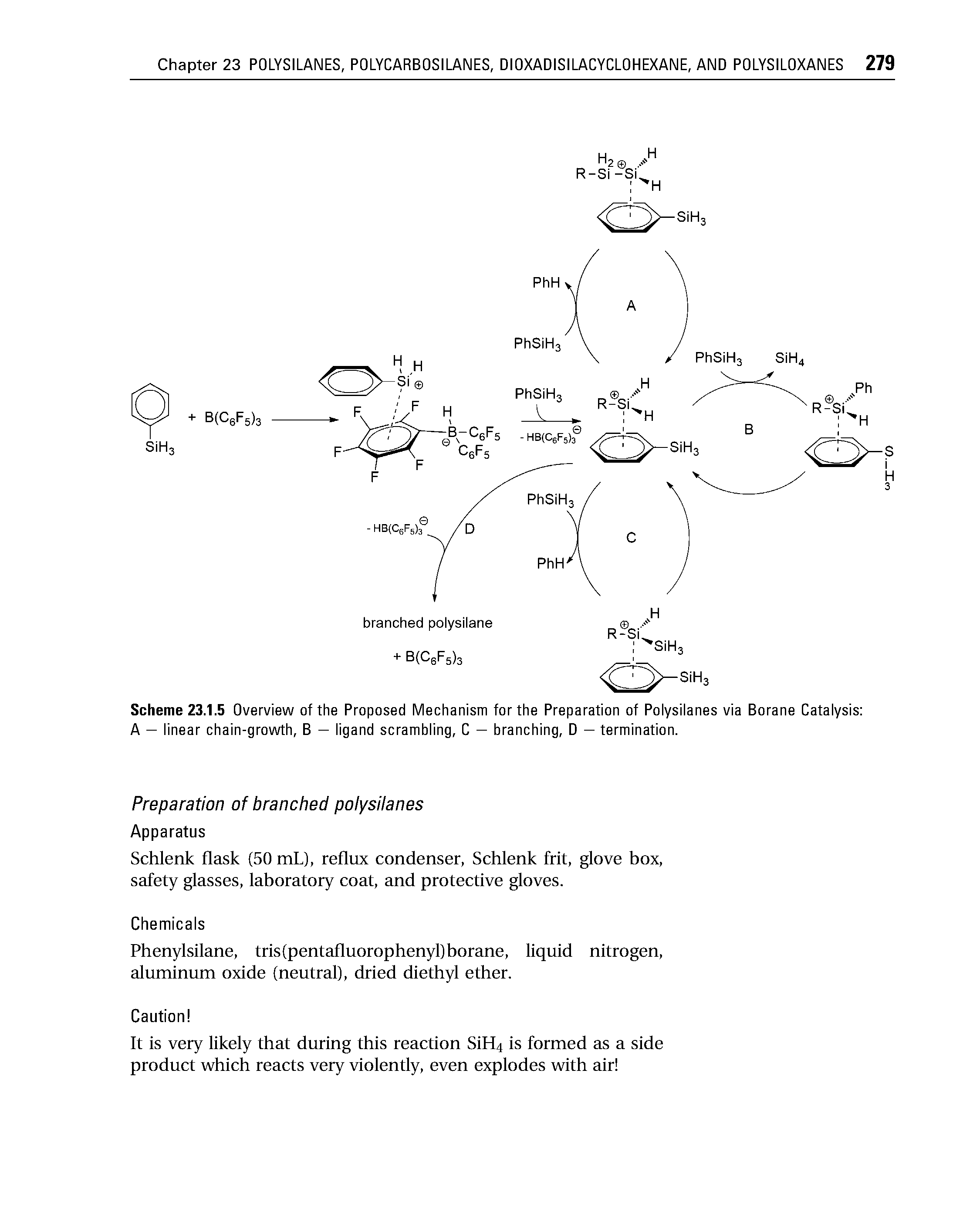 Scheme 23.1.5 Overview of the Proposed Mechanism for the Preparation of Polysilanes via Borane Catalysis A — linear chain-growth, B — ligand scrambling, C — branching, D — termination.