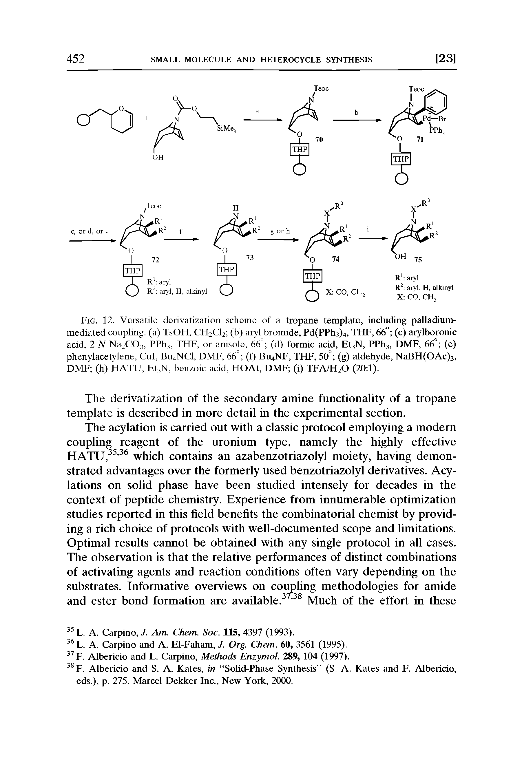 Fig. 12. Versatile derivatization scheme of a tropane template, including palladium-mediated coupling, (a) TsOH, CH2C12 (b) aryl bromide, Pd(PPh3)4, THF, 66° (c) arylboronic acid, 2 N Na2C03, PPh3, THF, or anisole, 66° (d) formic acid, Et3N, PPh3, DMF, 66° (e) phenylacetylene, Cul, B114NCI, DMF, 66° (f) B114NF, THF, 50° (g) aldehyde, NaBH(OAc)3, DMF (h) HATU, Et3N, benzoic acid, HOAt, DMF (i) TFA/H2Q (20 1).