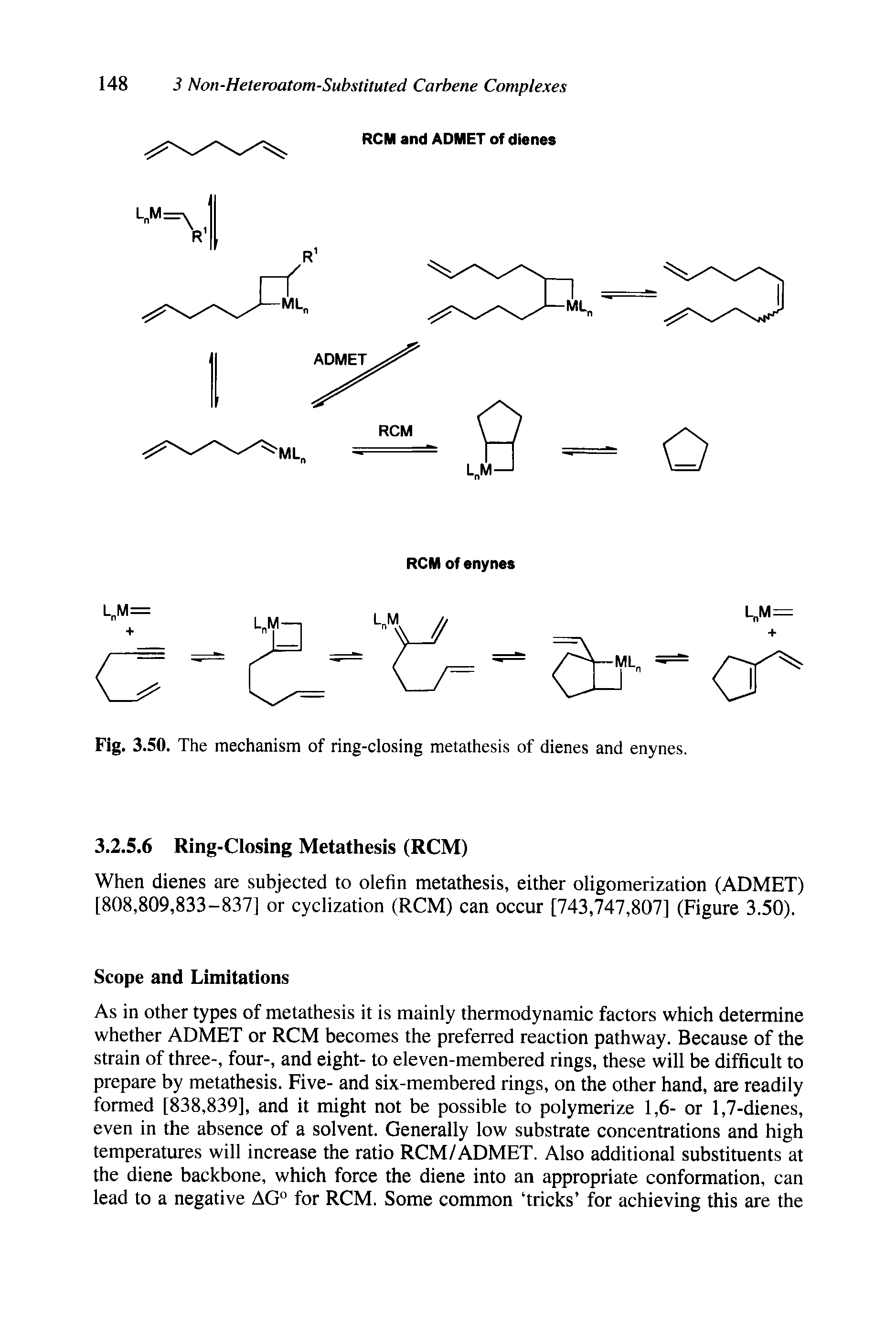 Fig. 3.50. The mechanism of ring-closing metathesis of dienes and enynes.