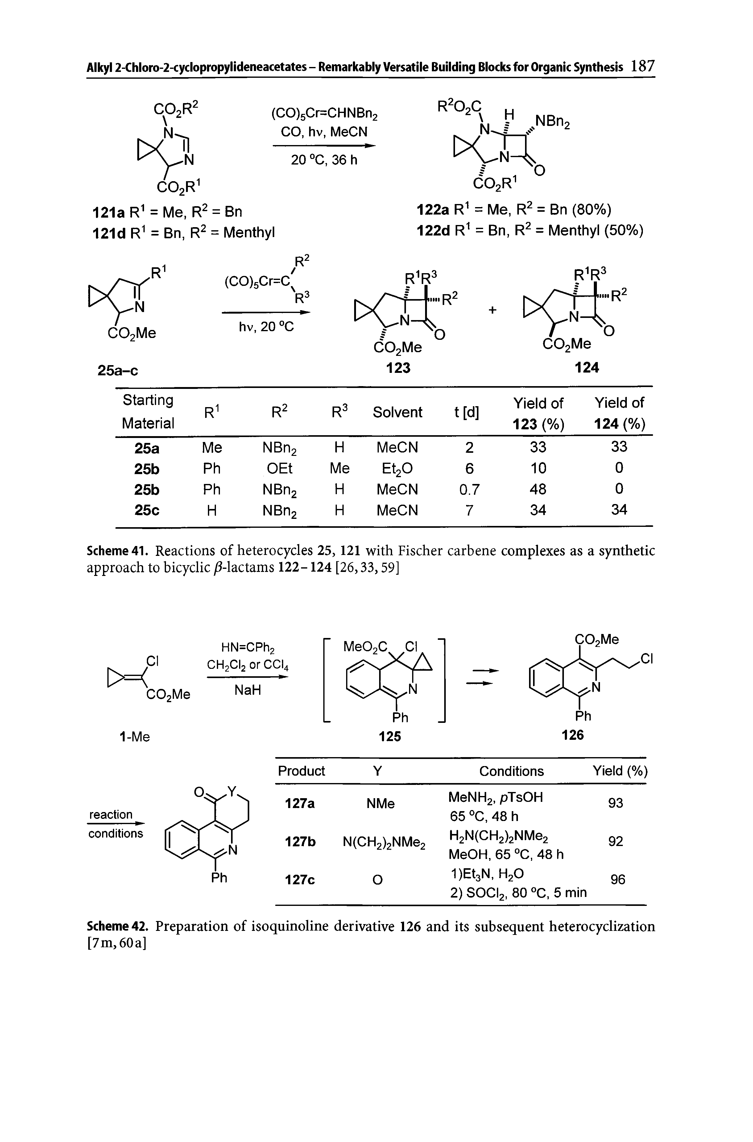 Scheme 41. Reactions of heterocycles 25, 121 with Fischer carbene complexes as a synthetic approach to bicyclic j0-lactams 122-124 [26,33,59]...