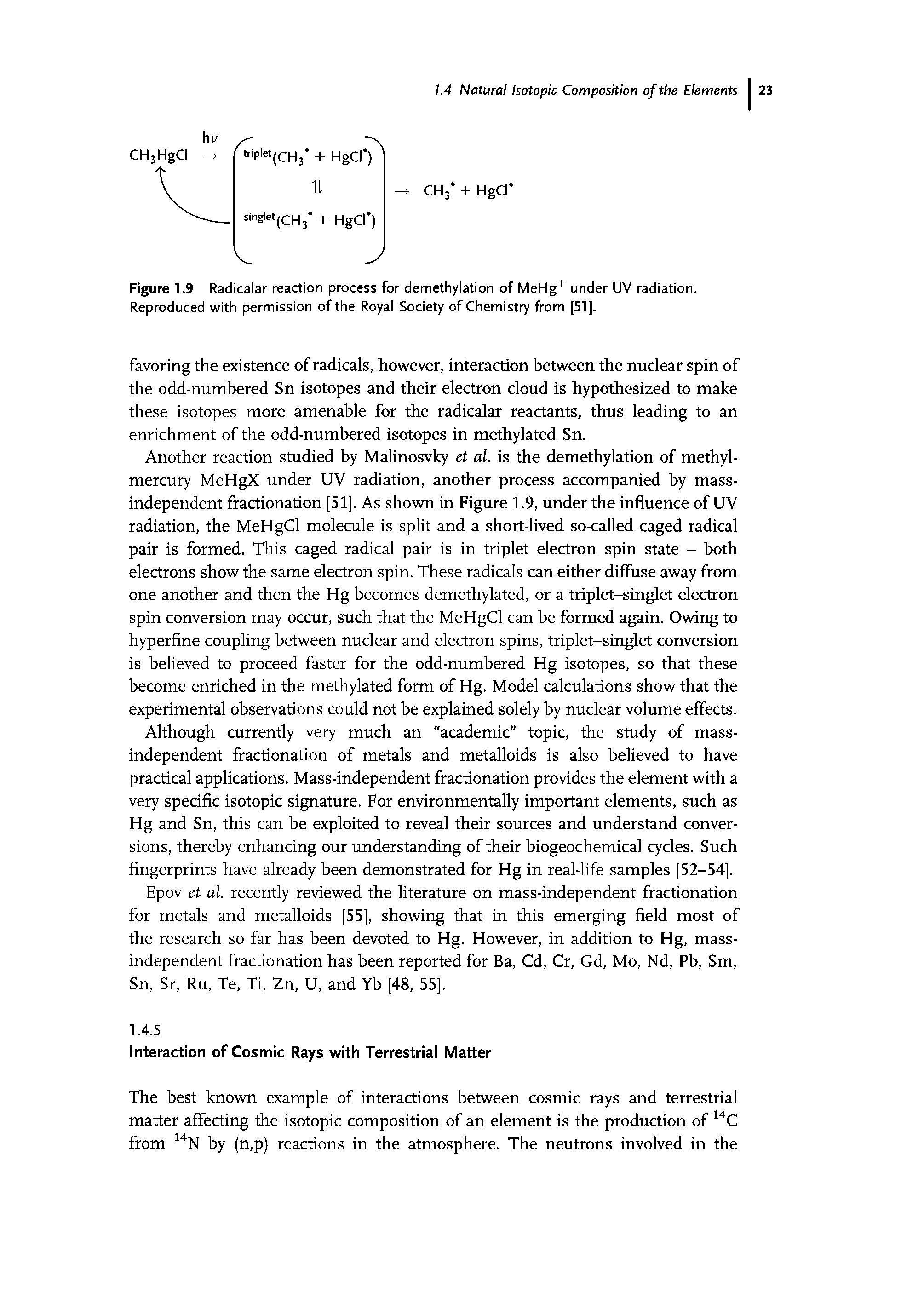 Figure 1.9 Radicalar reaction process for demethylation of MeHg under UV radiation. Reproduced with permission of the Royal Society of Chemistry from [51],...