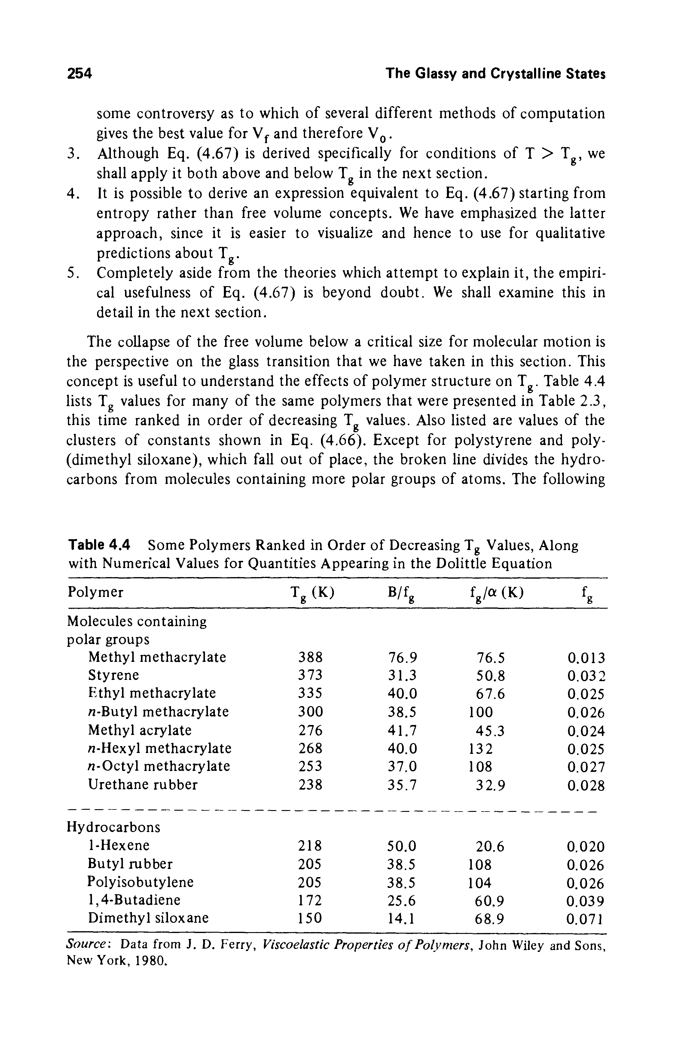 Table 4.4 Some Polymers Ranked in Order of Decreasing Tg Values, Along with Numerical Values for Quantities Appearing in the Dolittle Equation...