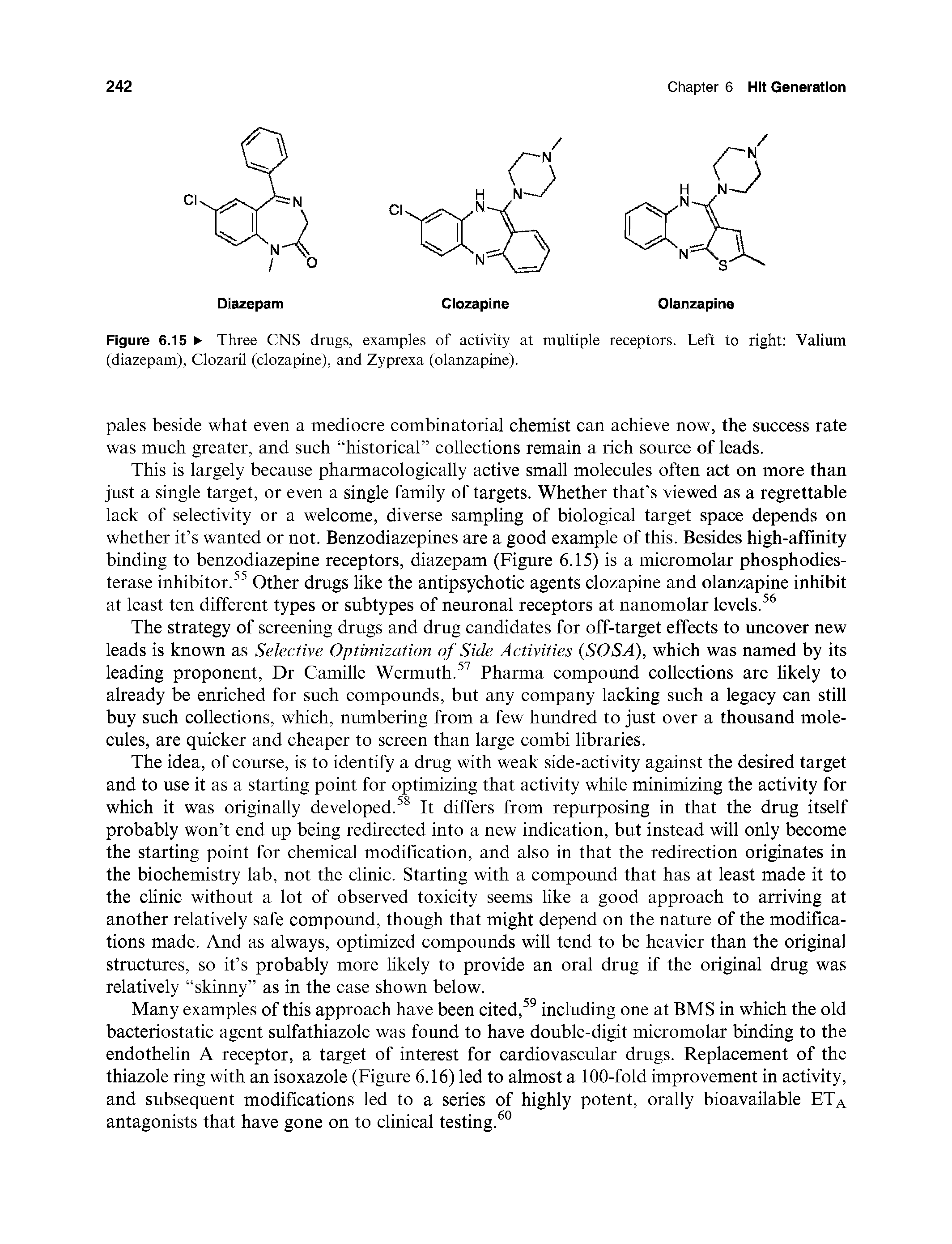 Figure 6.15 Three CNS drugs, examples of activity at multiple receptors. Left to right Valium (diazepam), Clozaril (clozapine), and Zyprexa (olanzapine).