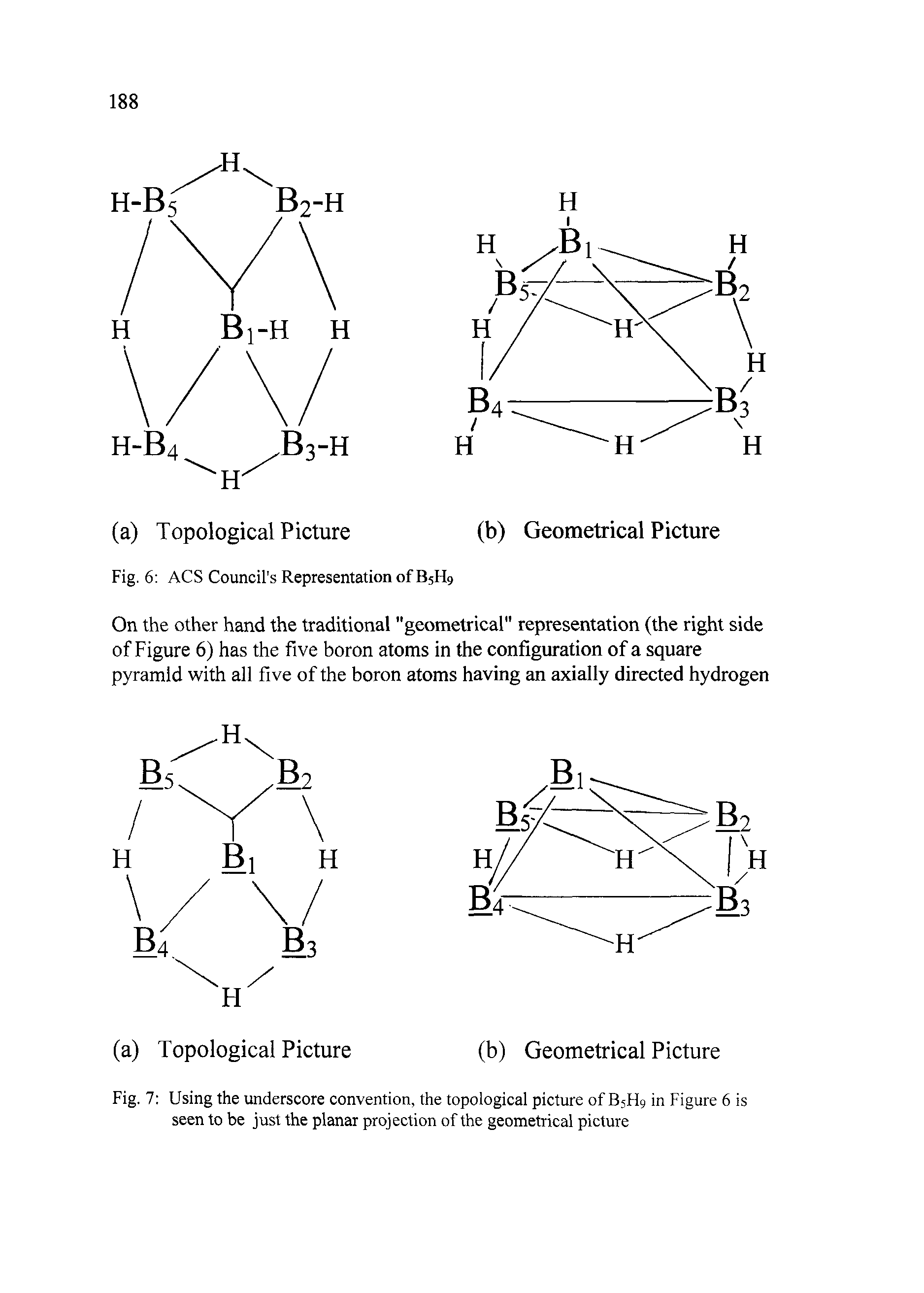 Fig. 7 Using the underscore convention, the topological picture of B5H9 in Figure 6 is seen to be just the planar projection of the geometrical picture...