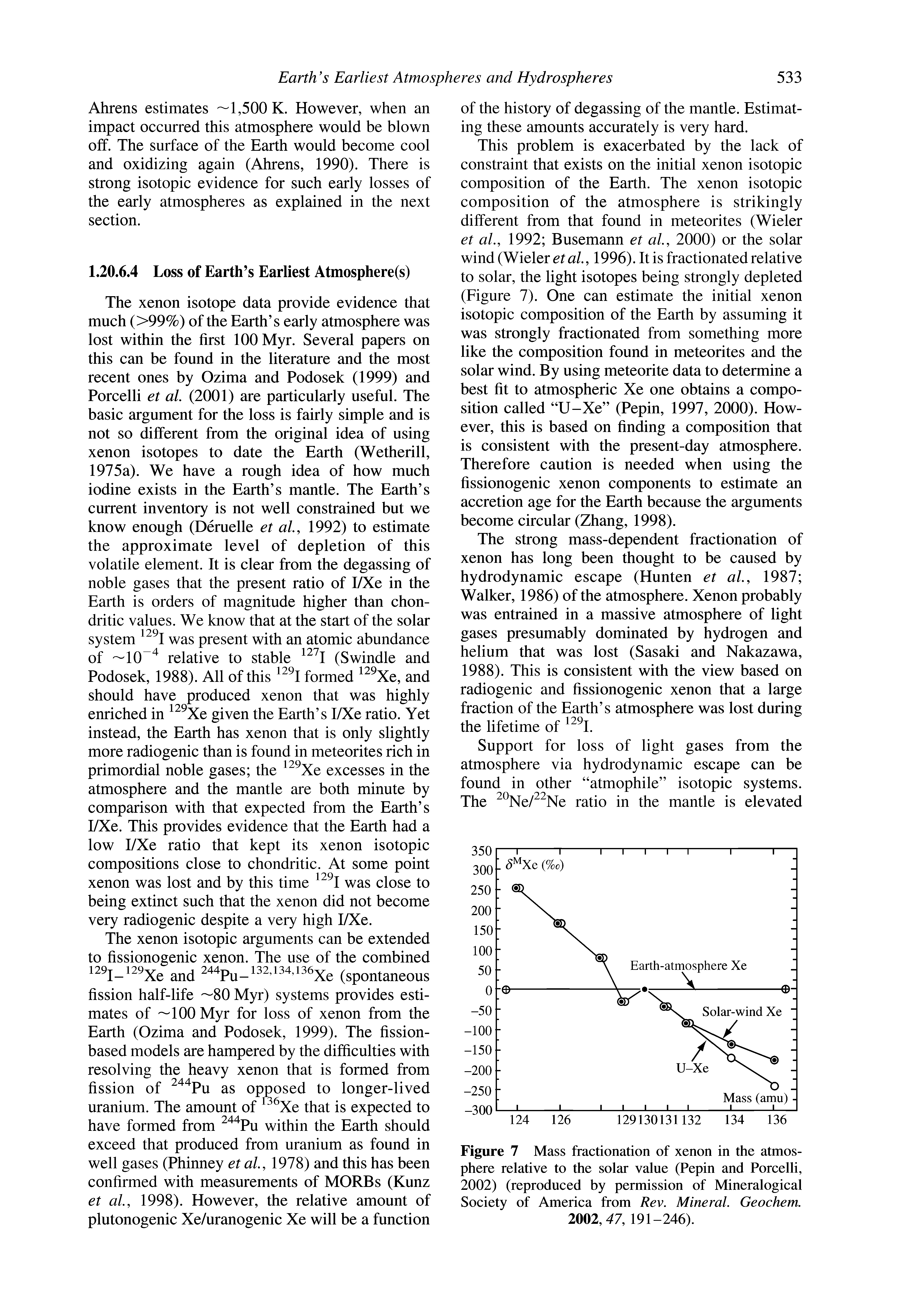 Figure 7 Mass fractionation of xenon in the atmosphere relative to the solar value (Pepin and Porcelli, 2002) (reproduced by permission of Mineralogical Soeiety of America from Rev. Mineral. Geochem. 2002,47, 191-246).