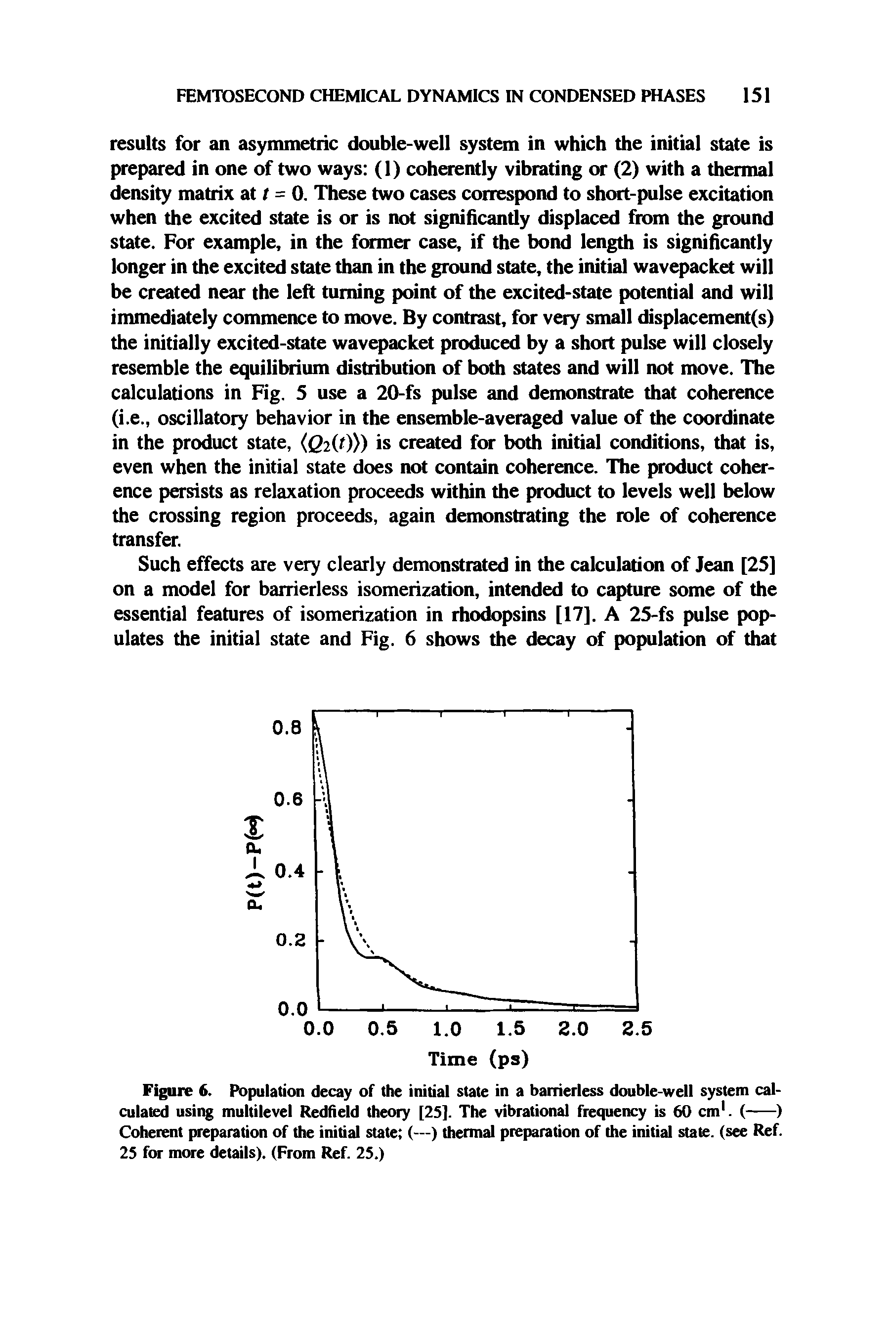 Figure 6. Population decay of the initial state in a barrierless double-well system calculated using multilevel Redfield theory [25]. The vibrational frequency is 60 cm1. (----------)...
