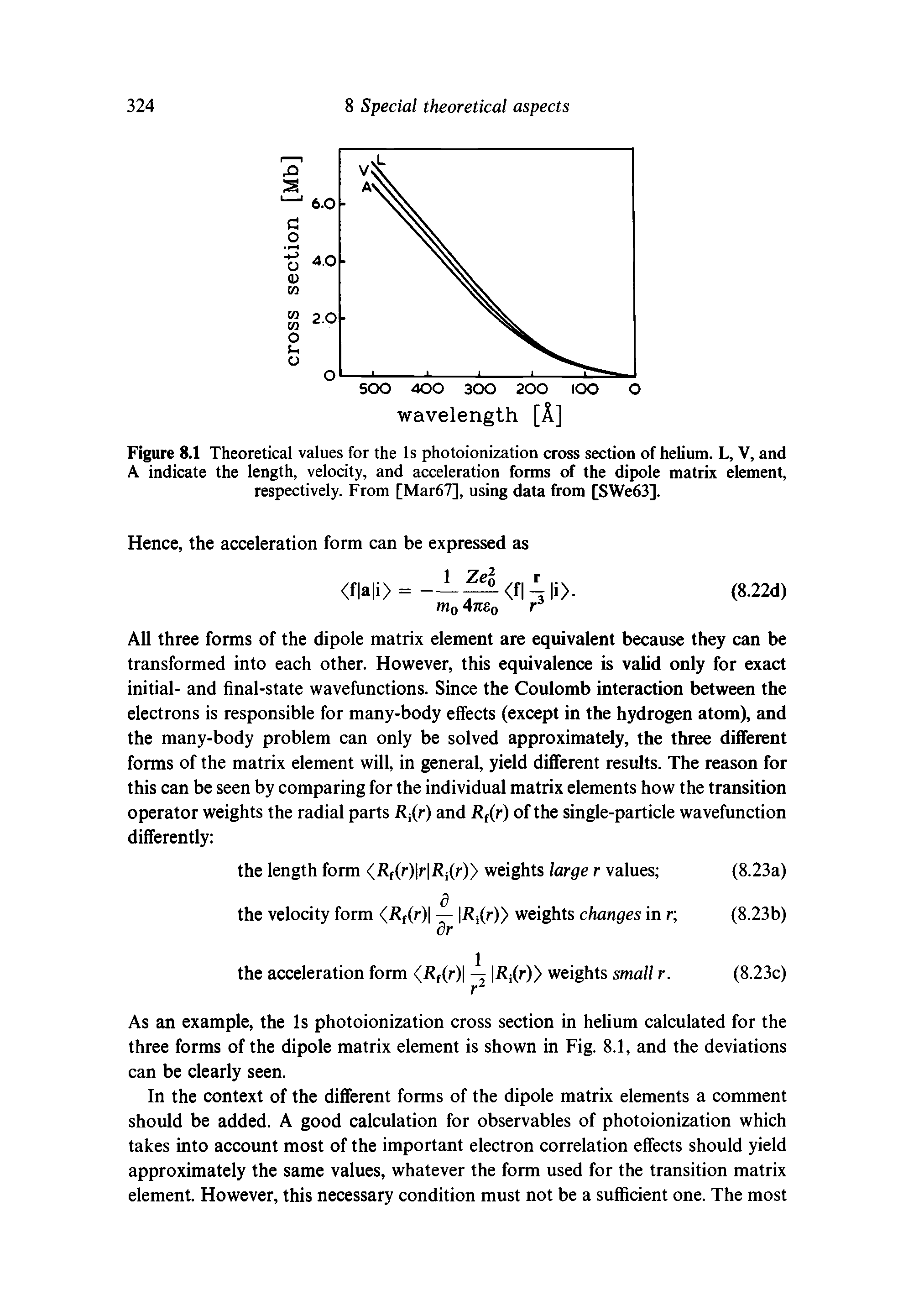 Figure 8.1 Theoretical values for the Is photoionization cross section of helium. L, V, and A indicate the length, velocity, and acceleration forms of the dipole matrix element, respectively. From [Mar67], using data from [SWe63].