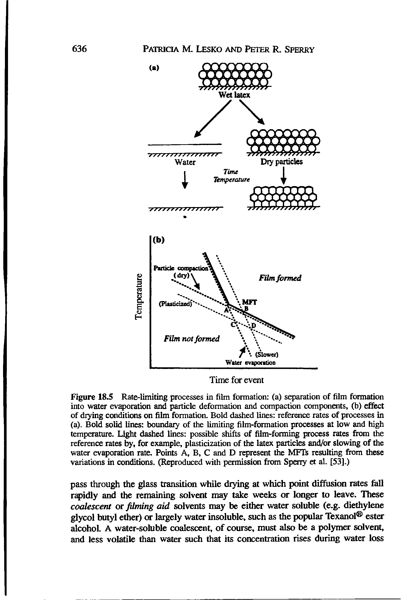 Figure 18.5 Rate-limiting processes in film formation (a) separation of film formation into water ev oration and particle deformation and compaction components, (b) effect of drying conditions on film formation. Bold dashed lines reference rates of processes in (a). Bold solid lines boundary of the limiting film-formation processes at low and high temperature. Light dashed lines possible shifts of film-forming process rates from the reference rates by, for example, plasticization of the latex particles and/or slowing of the water evaporation rate. Points A, B, C and D represent the MFTs resulting from these variations in conditions. (Reproduced with permission from Sperry et al. [53].)...