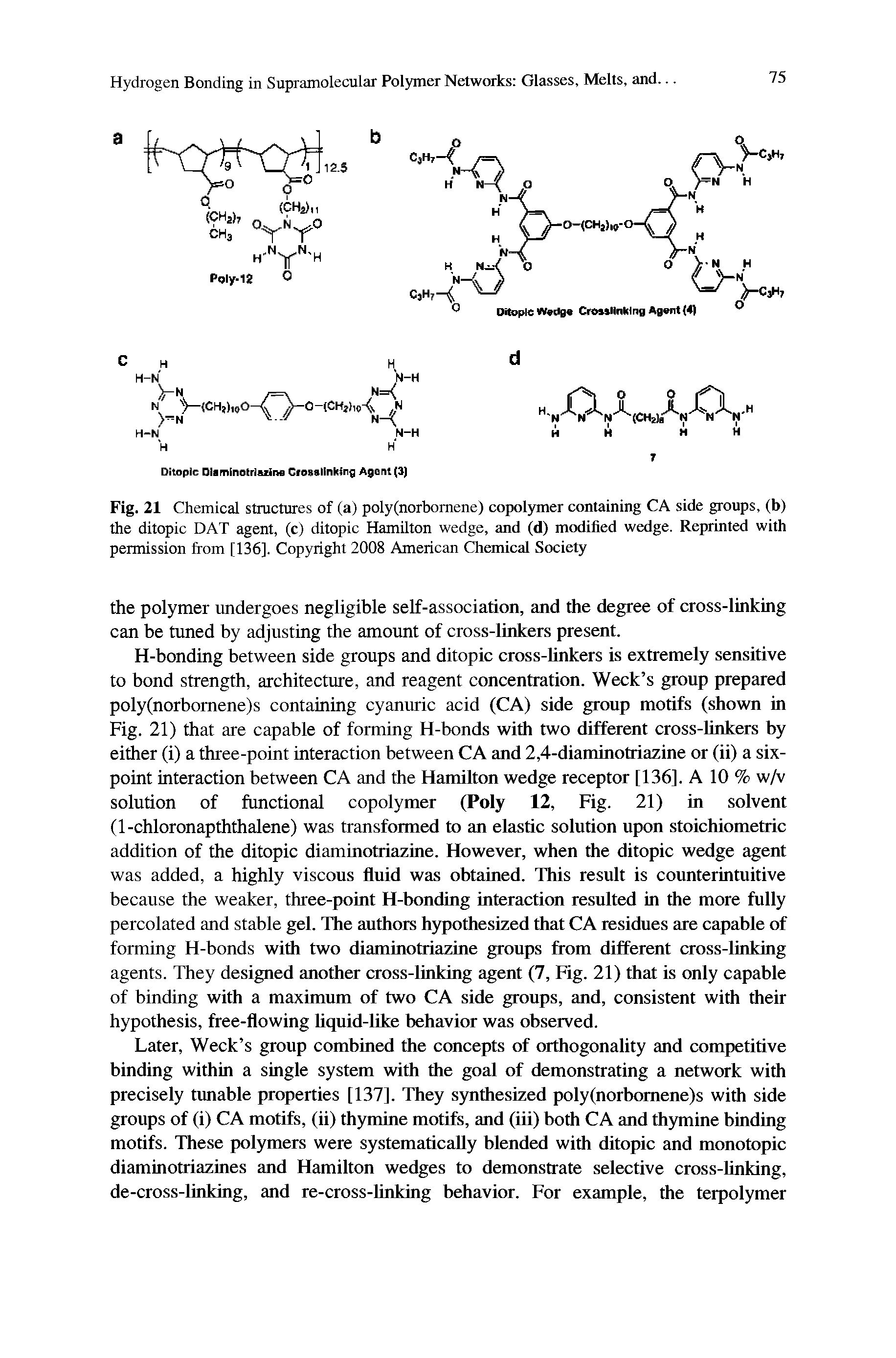 Fig. 21 Chemical structures of (a) poly(norbomene) copolymer containing CA side groups, (b) the ditopic DAT agent, (c) ditopic Hamilton wedge, and (d) modified wedge. Reprinted with permission from [136], Copyright 2008 American Chemical Society...