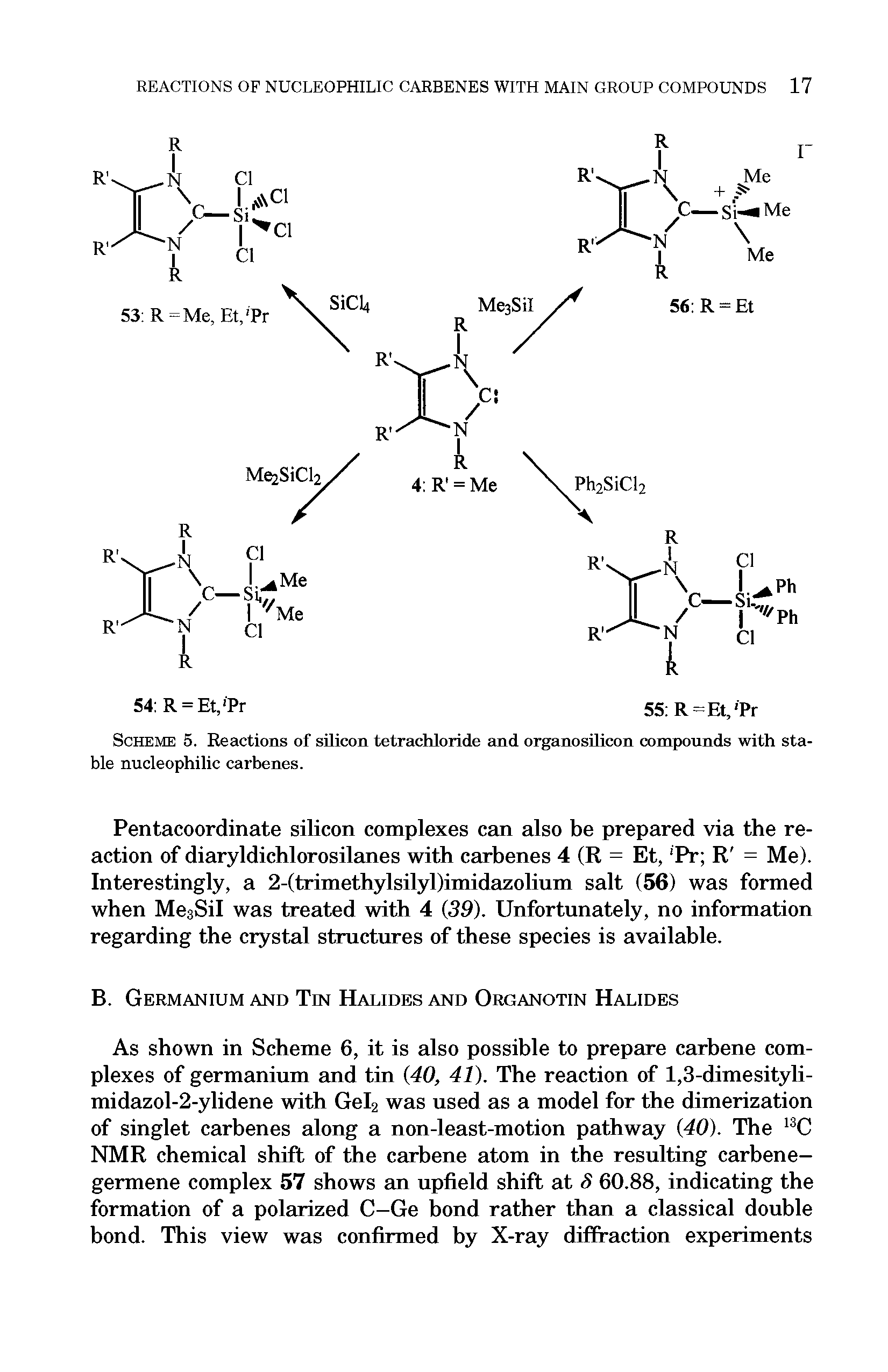 Scheme 5. Reactions of silicon tetrachloride and organosilicon compounds with stable nucleophilic carbenes.