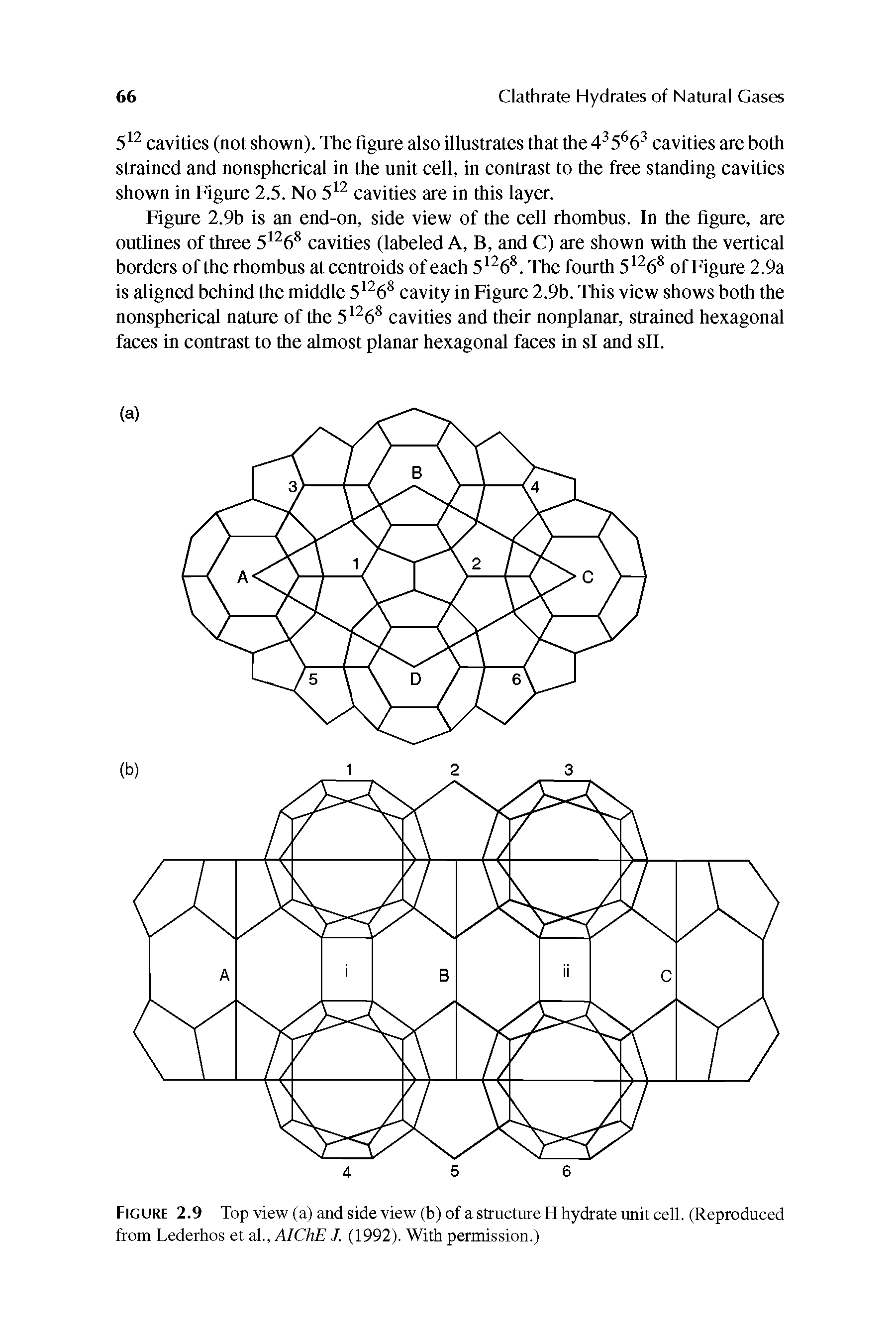 Figure 2.9b is an end-on, side view of the cell rhombus. In the figure, are outlines of three 51268 cavities (labeled A, B, and C) are shown with the vertical borders of the rhombus at centroids of each 51268. The fourth 51268 of Figure 2.9a is aligned behind the middle 51268 cavity in Figure 2.9b. This view shows both the nonspherical nature of the 51268 cavities and their nonplanar, strained hexagonal faces in contrast to the almost planar hexagonal faces in si and sll.
