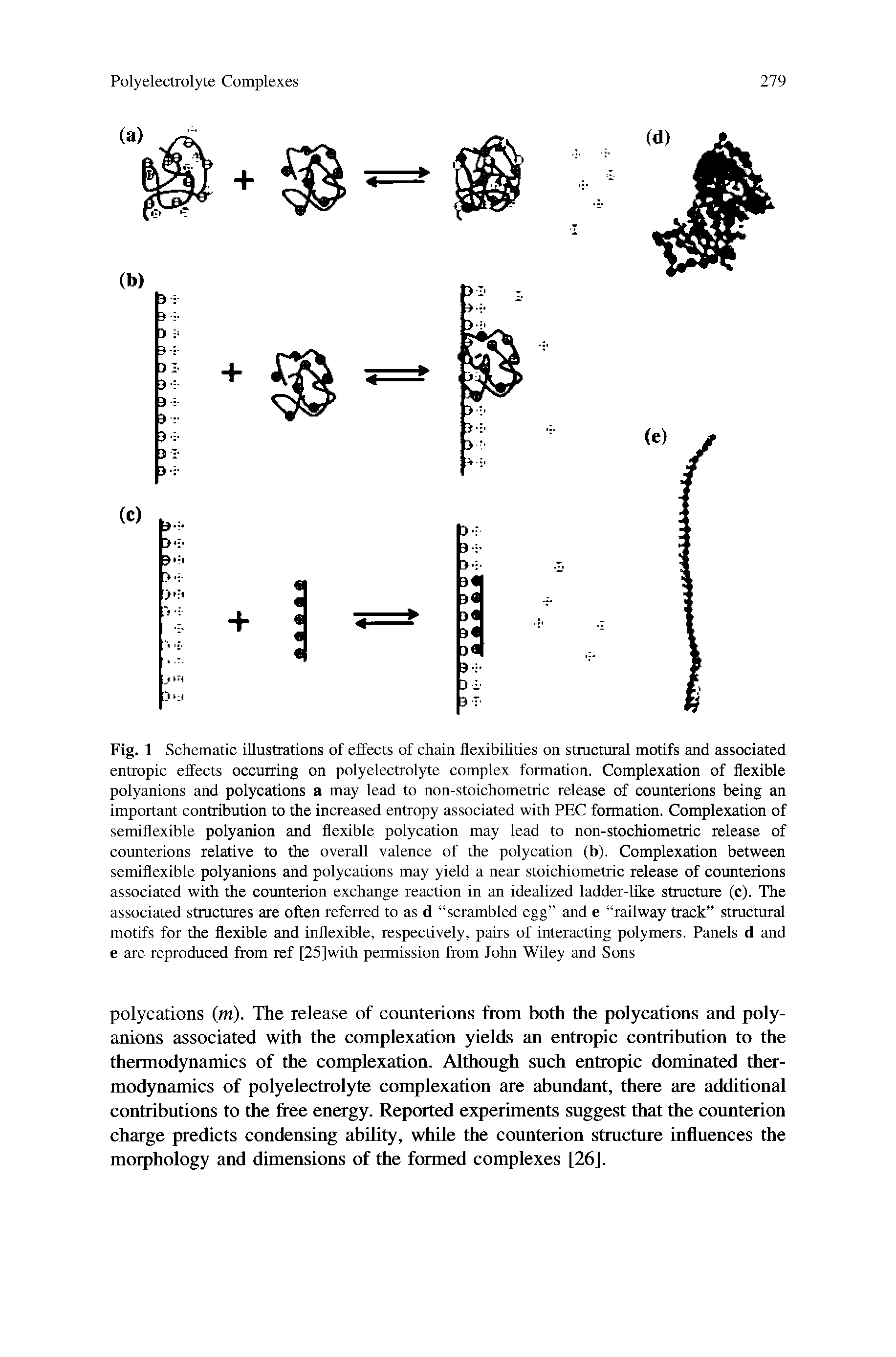 Fig. 1 Schematic illustrations of effects of chain flexibilities on stmctural motifs and associated entropic effects occurring on polyelectrolyte complex formation. Complexation of flexible polyanions and polycations a may lead to non-stoichometric release of counterions being an important contribution to the increased entropy associated with PEC formation. Complexation of semiflexible polyanion and flexible polycation may lead to non-stochiometric release of counterions relative to the overall valence of the polycation (b). Complexation between semiflexible polyanions and polycations may yield a near stoichiometric release of counterions associated with the counterion exchange reaction in an idealized ladder-lUse structure (c). The associated structures are often referred to as d scrambled egg and e railway track structural motifs for the flexible and inflexible, respectively, pairs of interacting polymers. Panels d and e are reproduced from ref [25]with permission from John Wiley and Sons...