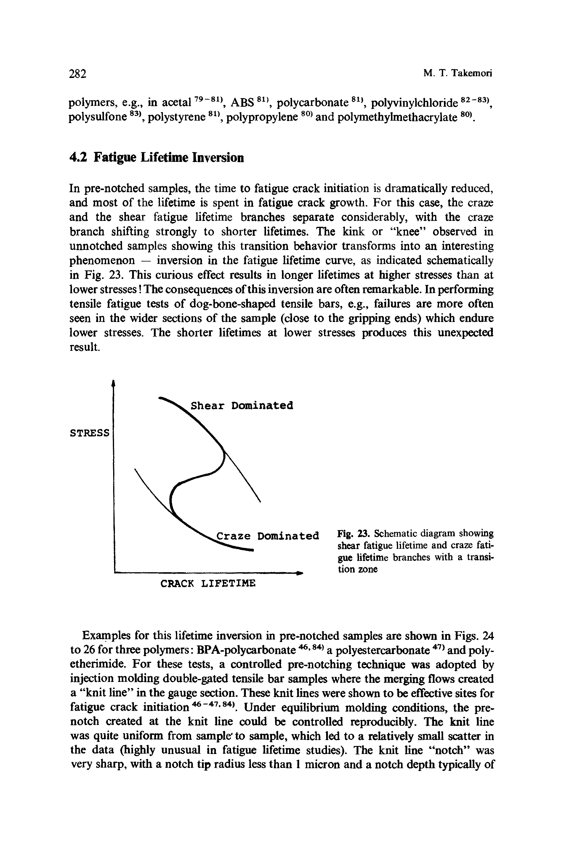 Fig. 23. Schematic diagram showing shear fatigue lifetime and craze fatigue lifetime branches with a transition zone...