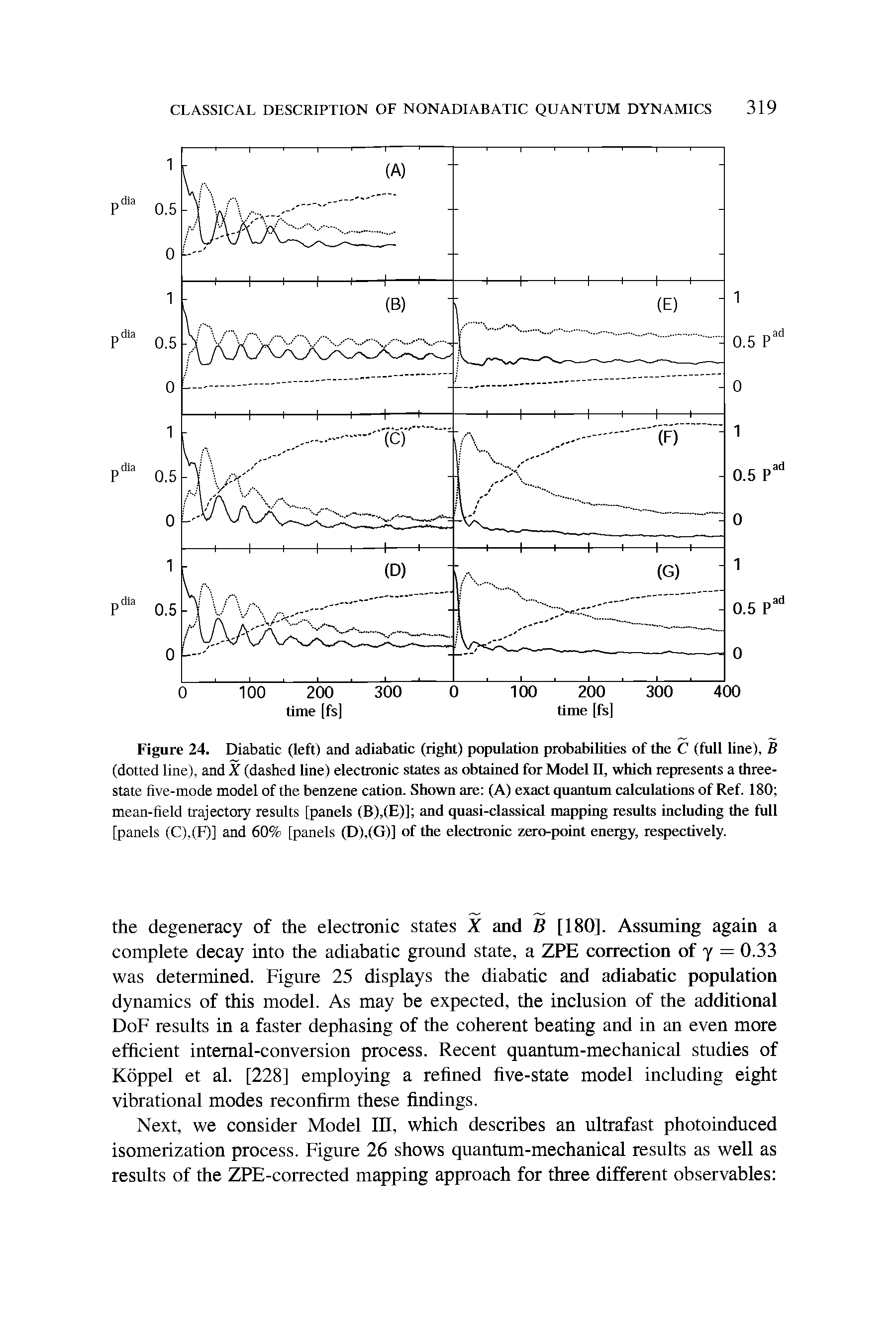 Figure 24. Diabatic (left) and adiabatic (right) population probabilities of the C (full line), B (dotted line), and X (dashed line) electronic states as obtained for Model II, which represents a three-state five-mode model of the benzene cation. Shown are (A) exact quantum calculations of Ref. 180 mean-field trajectory results [panels (B),(E)] and quasi-classical mapping results including the full [panels (C),(F)] and 60% [panels (D),(G)] of the electronic zero-point energy, respectively.