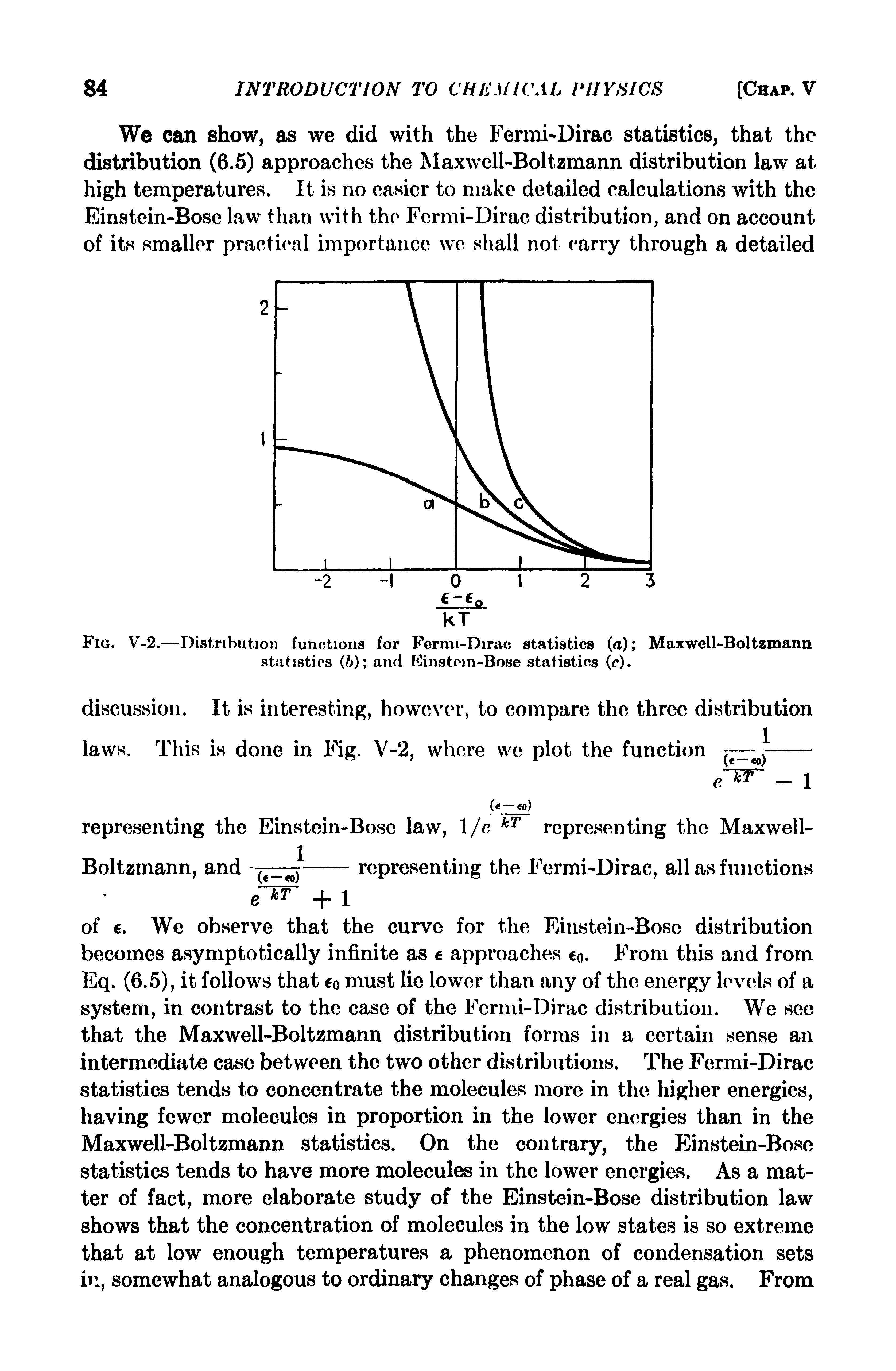 Fig. V-2.—Distribution functions for Fermi-Dirac statistics (a) Maxwell-Boltzmann statistics (b) and Finstoin-Bose statistics (c).