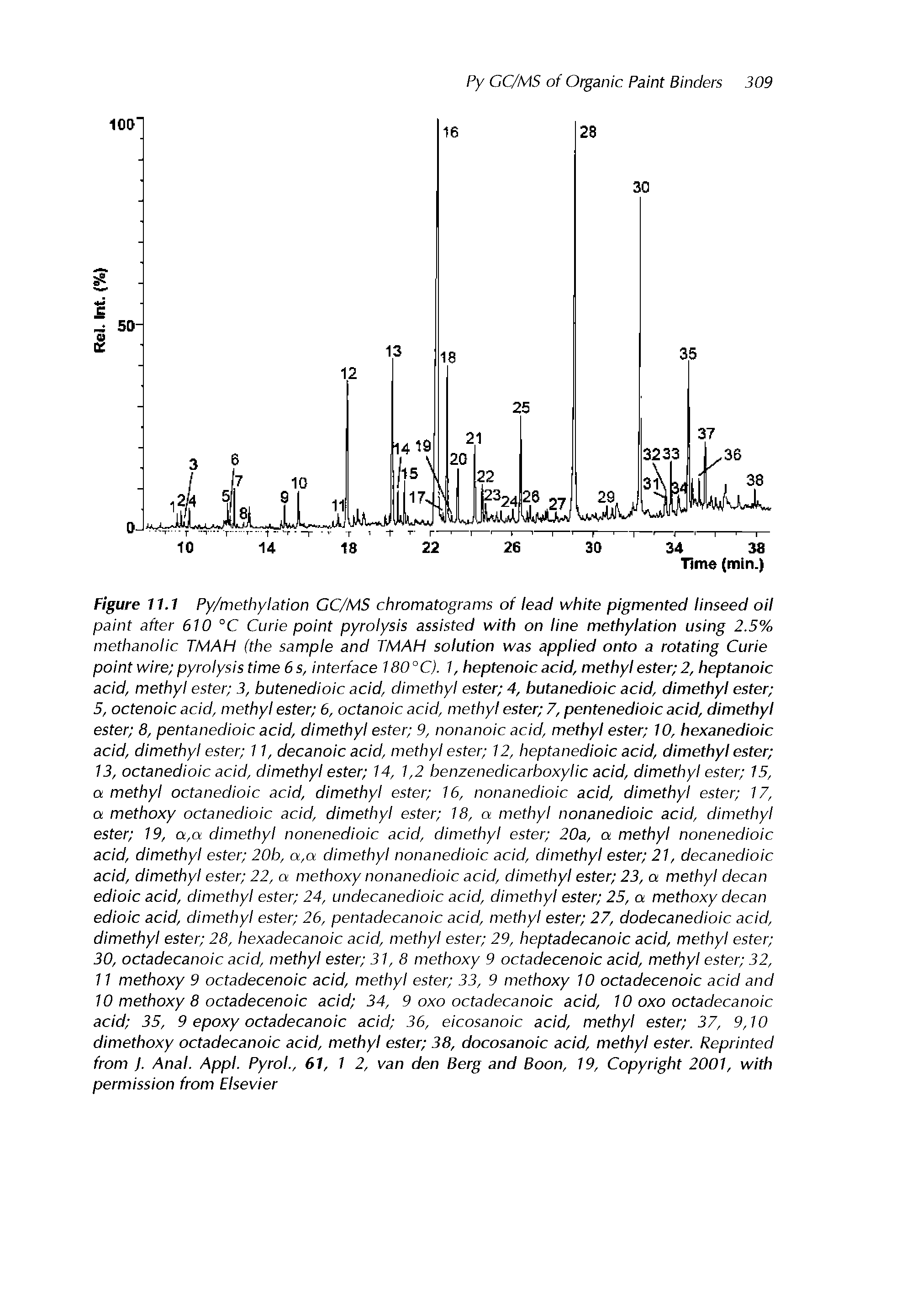 Figure 11.1 Py/methylation GC/MS chromatograms of lead white pigmented linseed oil paint after 610 °C Curie point pyrolysis assisted with on line methylation using 2.5% methanolic TMAH (the sample and TMAH solution was applied onto a rotating Curie point wire pyrolysis time 6 s, interface 180°C). 1, heptenoic acid, methyl ester 2, heptanoic acid, methyl ester 3, butenedioic acid, dimethyl ester 4, butanedioic acid, dimethyl ester 5, octenoic acid, methyl ester 6, octanoic acid, methyl ester 7, pentenedioic acid, dimethyl ester 8, pentanedioic acid, dimethyl ester 9, nonanoic acid, methyl ester 10, hexanedioic acid, dimethyl ester 11, decanoic acid, methyl ester 12, heptanedioic acid, dimethyl ester 13, octanedioic acid, dimethyl ester 14, 1,2 benzenedicarboxylic acid, dimethyl ester 15, a methyl octanedioic acid, dimethyl ester 16, nonanedioic acid, dimethyl ester 17, a methoxy octanedioic acid, dimethyl ester 18, a methyl nonanedioic acid, dimethyl ester 19, a,a dimethyl nonenedioic acid, dimethyl ester 20a, a methyl nonenedioic acid, dimethyl ester 20b, a,a dimethyl nonanedioic acid, dimethyl ester 21, decanedioic acid, dimethyl ester 22, a methoxy nonanedioic acid, dimethyl ester 23, a methyl decan edioic acid, dimethyl ester 24, undecanedioic acid, dimethyl ester 25, a methoxy decan edioic acid, dimethyl ester 26, pentadecanoic acid, methyl ester 27, dodecanedioic acid, dimethyl ester 28, hexadecanoic acid, methyl ester 29, heptadecanoic acid, methyl ester 30, octadecanoic acid, methyl ester 31,8 methoxy 9 octadecenoic acid, methyl ester 32, 11 methoxy 9 octadecenoic acid, methyl ester 33, 9 methoxy 10 octadecenoic acid and 10 methoxy 8 octadecenoic acid 34, 9 oxo octadecanoic acid, 10 oxo octadecanoic acid 35, 9 epoxy octadecanoic acid 36, eicosanoic acid, methyl ester 37, 9,10 dimethoxy octadecanoic acid, methyl ester 38, docosanoic acid, methyl ester. Reprinted from J. Anal. Appl. Pyrol., 61, 1 2, van den Berg and Boon, 19, Copyright 2001, with permission from Elsevier...