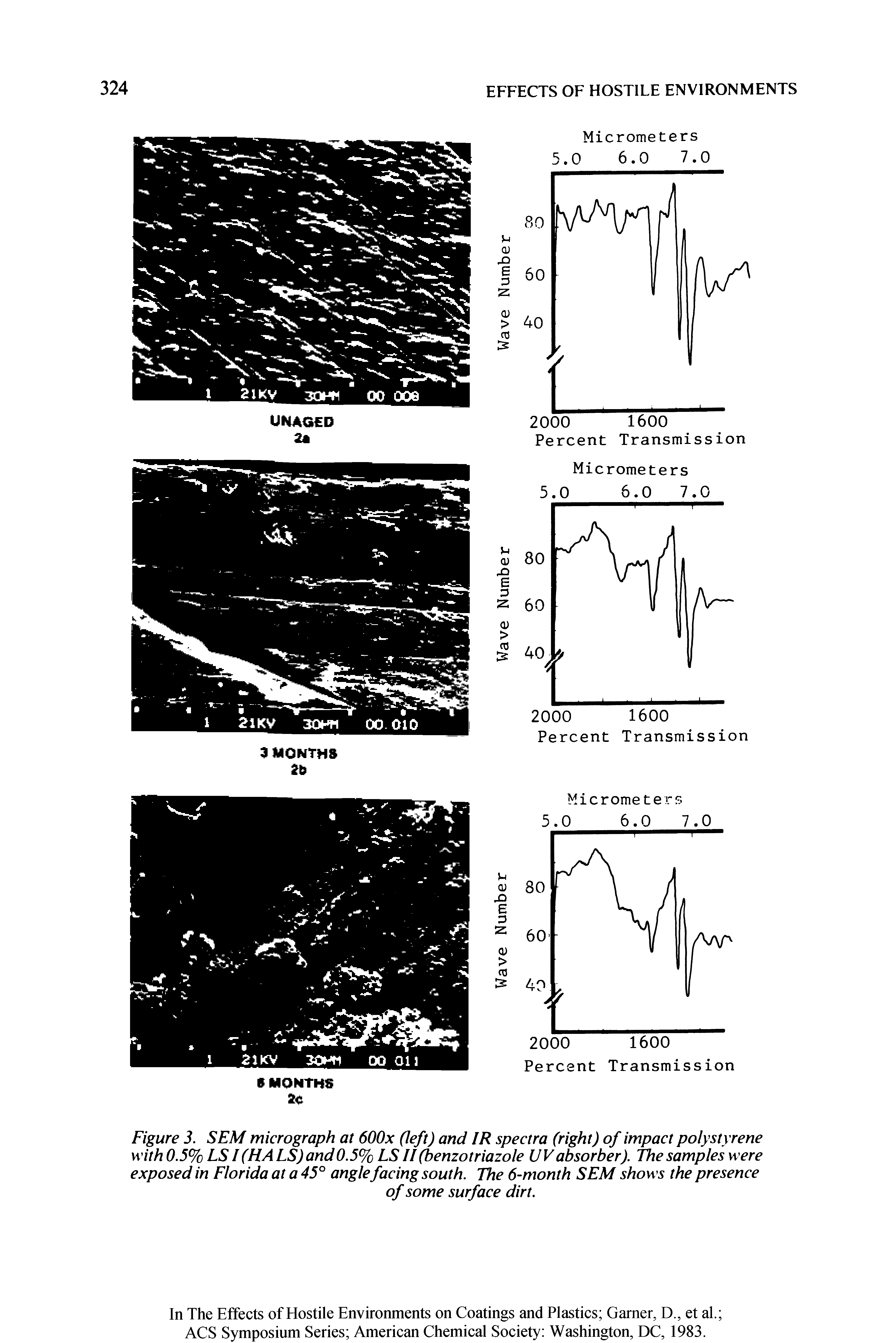 Figure 3. SEM micrograph at 600x (left) and IR spectra (right) of impact polystyrene with 0.5% LSI (HA LS) and 0.5% LS II (benzotriazole UV absorber). The samples were exposed in Florida at a 45° anglefacing south. The 6-month SEM shows the presence...