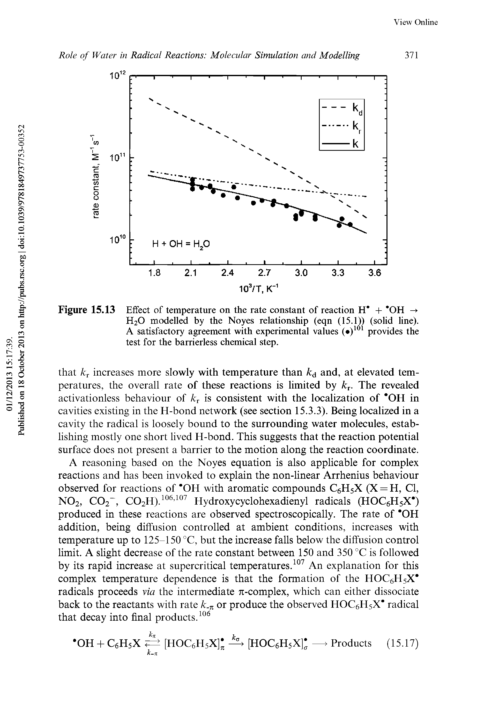 Figure 15.13 Effect of temperature on the rate constant of reaction H + OH - H2O modelled by the Noyes relationship (eqn (15.1)) (solid line). A satisfactory agreement with experimental values ( ) " provides the test for the barrierless chemical step.