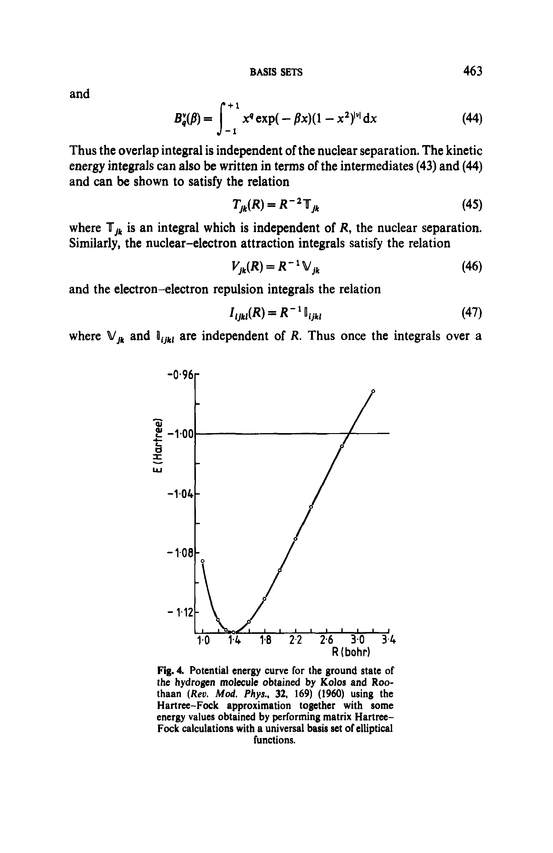 Fig. 4. Potential energy curve for the ground state of the hydrogen molecule obtained by Kolos and Roo-thaan (Rev. Mod. Phys., 32, 169) (1960) using the Hartree-Fock approximation together with some energy values obtained by performing matrix Hartree-Fock calculations with a universal b set of elliptical functions.