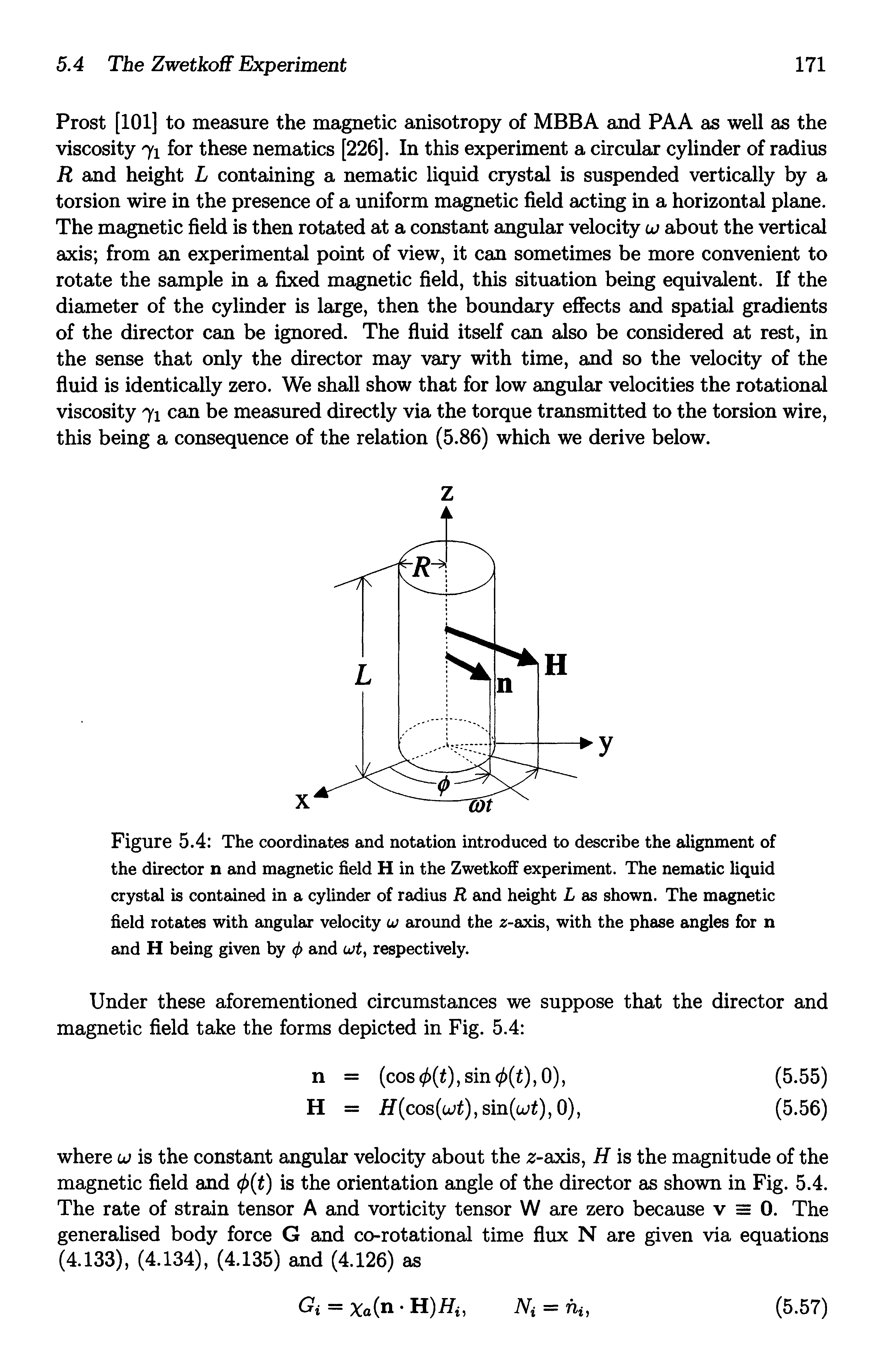 Figure 5.4 The coordinates and notation introduced to describe the alignment of the director n and magnetic field H in the Zwetkoff experiment. The nematic liquid crystal is contained in a cylinder of radius R and height L as shown. The magnetic field rotates with angular velocity u aroimd the 2-axis, with the phase angles for n and H being given by 0 and respectively.